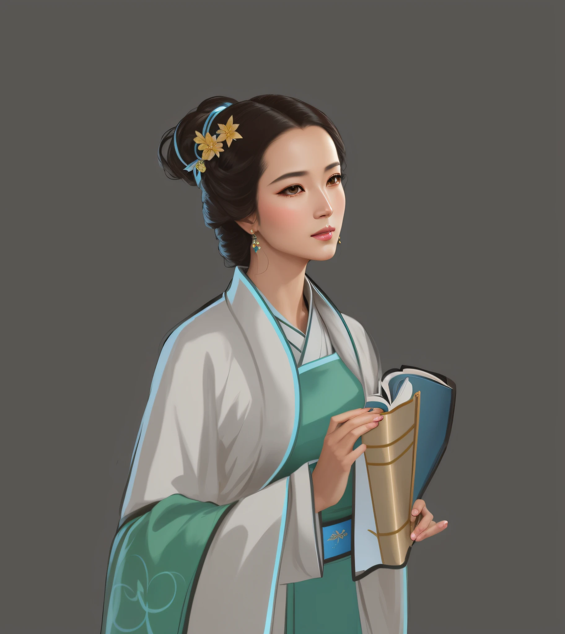 High quality, very detailed, close-up of a Chinese woman in Hanfu holding a book, eyes looking at the camera, beautiful figure painting, inspired by Lan Ying, digital figure painting, inspired by Max Magnus Norman, complete portrait of the electronic master, inspired by Jean Bello, Nicolas Tesla, Gillum Pongiruppi, portrait of the character, Luis Ricardo Farero, portrait of epic elegance, Santiago Martínez Delgado, Frank Xavier-Linedeker style digital figure concept art, white, science illustration, Magali Villeneuve, Walt Disney, realistic depiction style of light, realistic depiction of light, simplified and stylized portrait, surreal, animated energy, surreal portrait