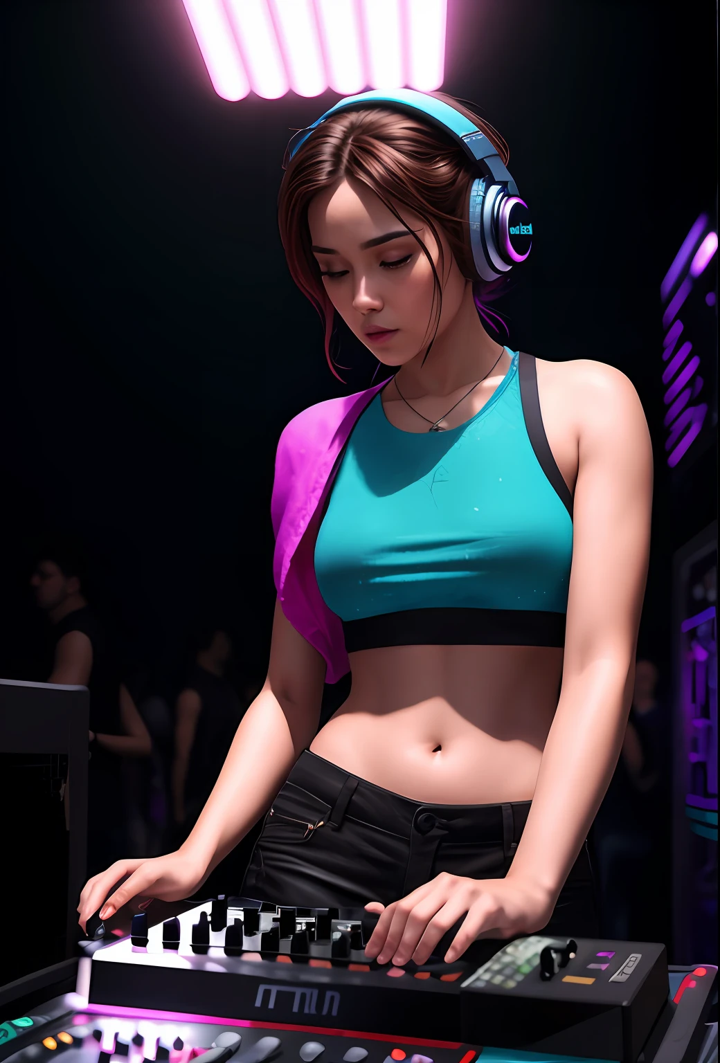 upper body, female dj, colorful clothes , quirky, vibrant appearance, playful accessories, creative behavior, imaginative, sensual, spontaneous, dj headphones, mixing console, music club, night club, indie theaters, people dancing on the dance floor background, underground danceclub,, photorealistic, photo, masterpiece, realistic, realism, photorealism, high contrast, photorealistic digital art trending on Artstation 8k HD high definition detailed realistic, detailed, skin texture, hyper detailed, realistic skin texture, armature, best quality, ultra high res, (photorealistic:1.4),, high resolution, detailed, raw photo, sharp re, by lee jeffries nikon d850 film stock photograph 4 kodak portra 400 camera f1.6 lens rich colors hyper realistic lifelike texture dramatic lighting unrealengine trending on artstation cinestill 800,