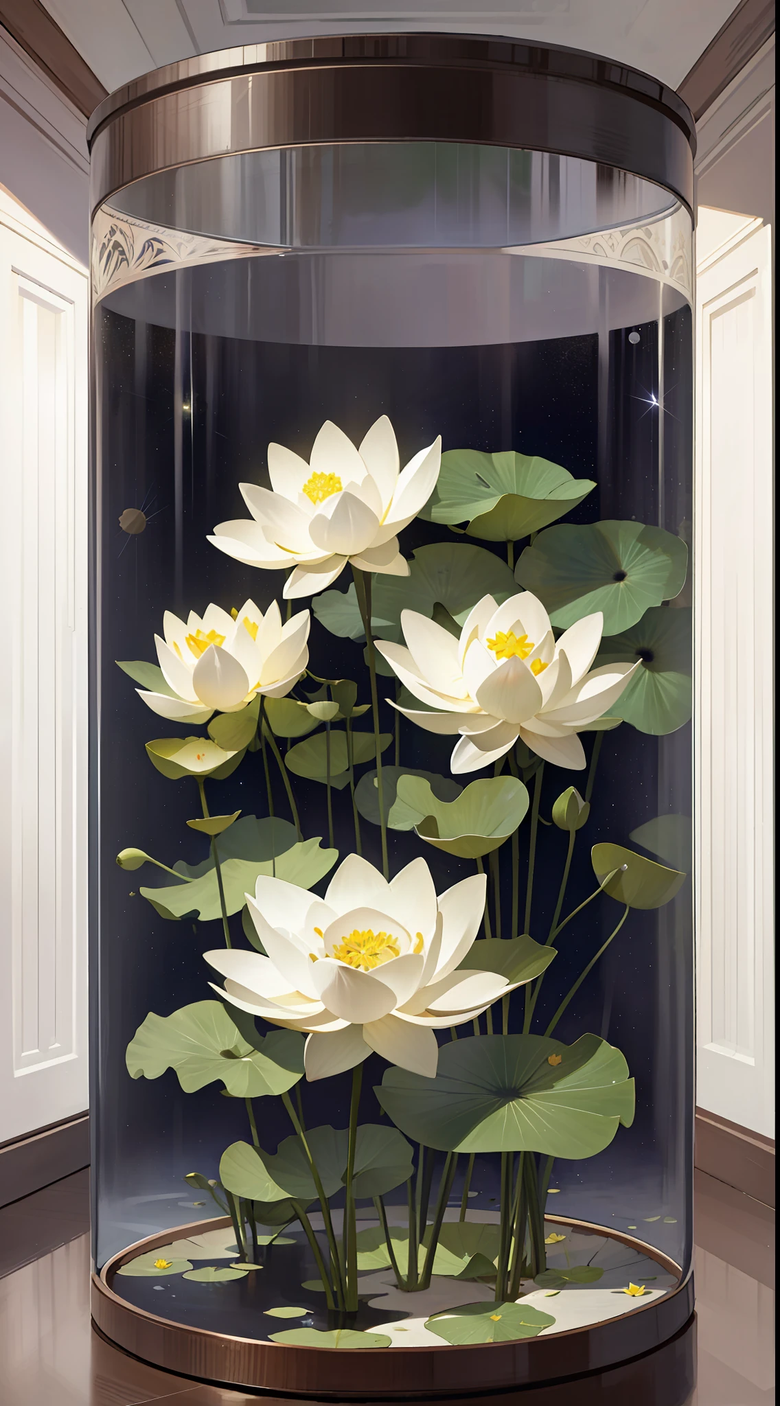 Best quality, masterpiece, high resolution, original, very detailed wallpapers, (starry sky), (lotus), splash, flowers, elegant, cosmos, white space, sun