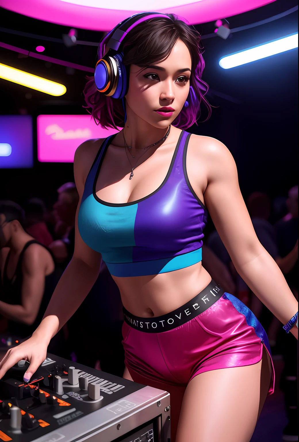 upper body, female dj, colorful clothes , quirky, vibrant appearance, playful accessories, creative behavior, imaginative, sensual, spontaneous, dj headphones, mixing console, music club, night club, indie theaters, people dancing on the dance floor background, underground danceclub,, photorealistic, photo, masterpiece, realistic, realism, photorealism, high contrast, photorealistic digital art trending on Artstation 8k HD high definition detailed realistic, detailed, skin texture, hyper detailed, realistic skin texture, armature, best quality, ultra high res, (photorealistic:1.4),, high resolution, detailed, raw photo, sharp re, by lee jeffries nikon d850 film stock photograph 4 kodak portra 400 camera f1.6 lens rich colors hyper realistic lifelike texture dramatic lighting unrealengine trending on artstation cinestill 800,