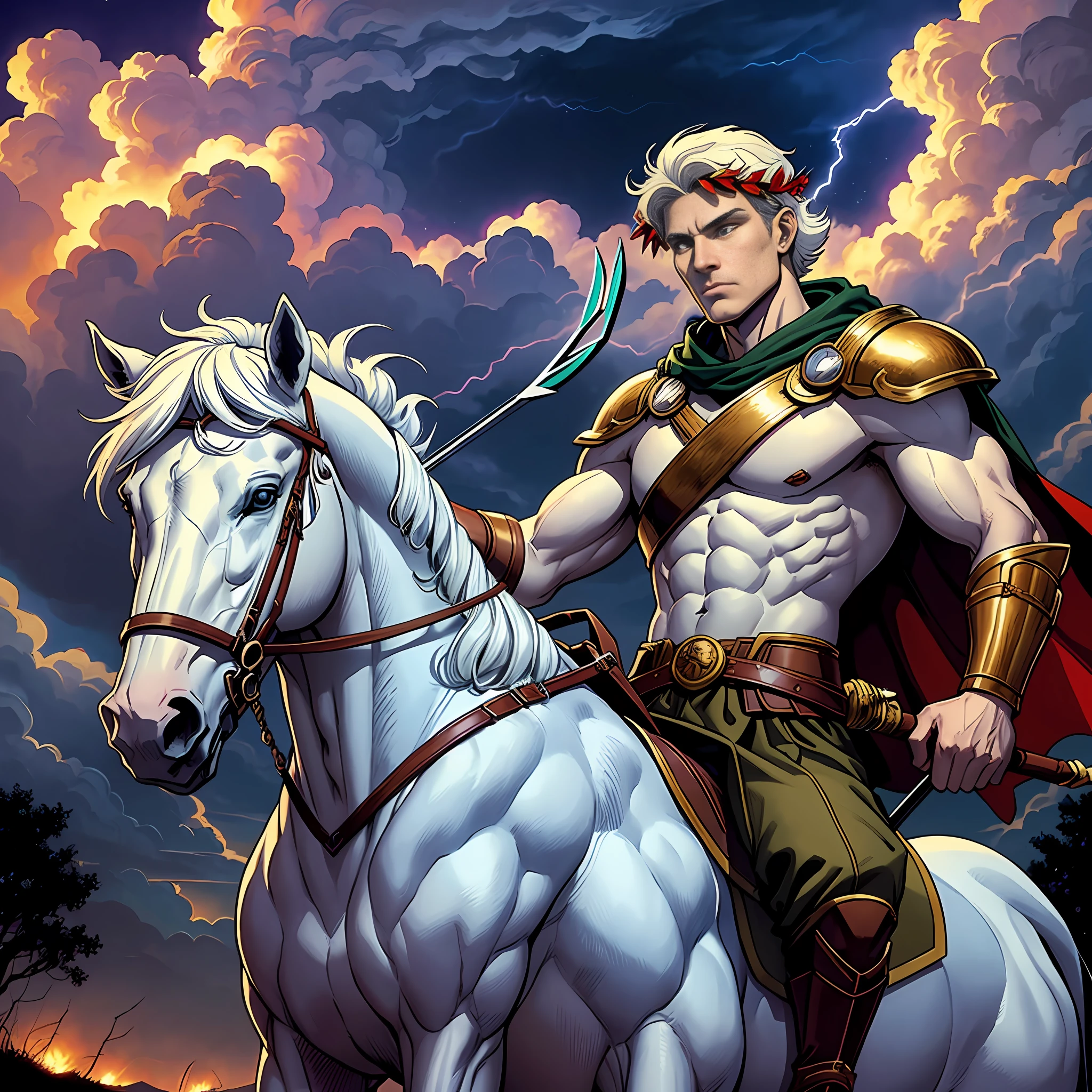 cartoon, a white horse, a male rider with a raised arm holding (bow and arrow:1.15) and one (laurel wreath on head:1.14)), cartoon style movie, cartoon, by Ron Walotsky, cartoon of the 90s, strong shadows, sky with dark clouds and war scenery, lightning and thunder, fire, dirt road at dusk, gradient sky,  grotesque, dark, scary, dark fantasy, mysterious atmosphere. --s2