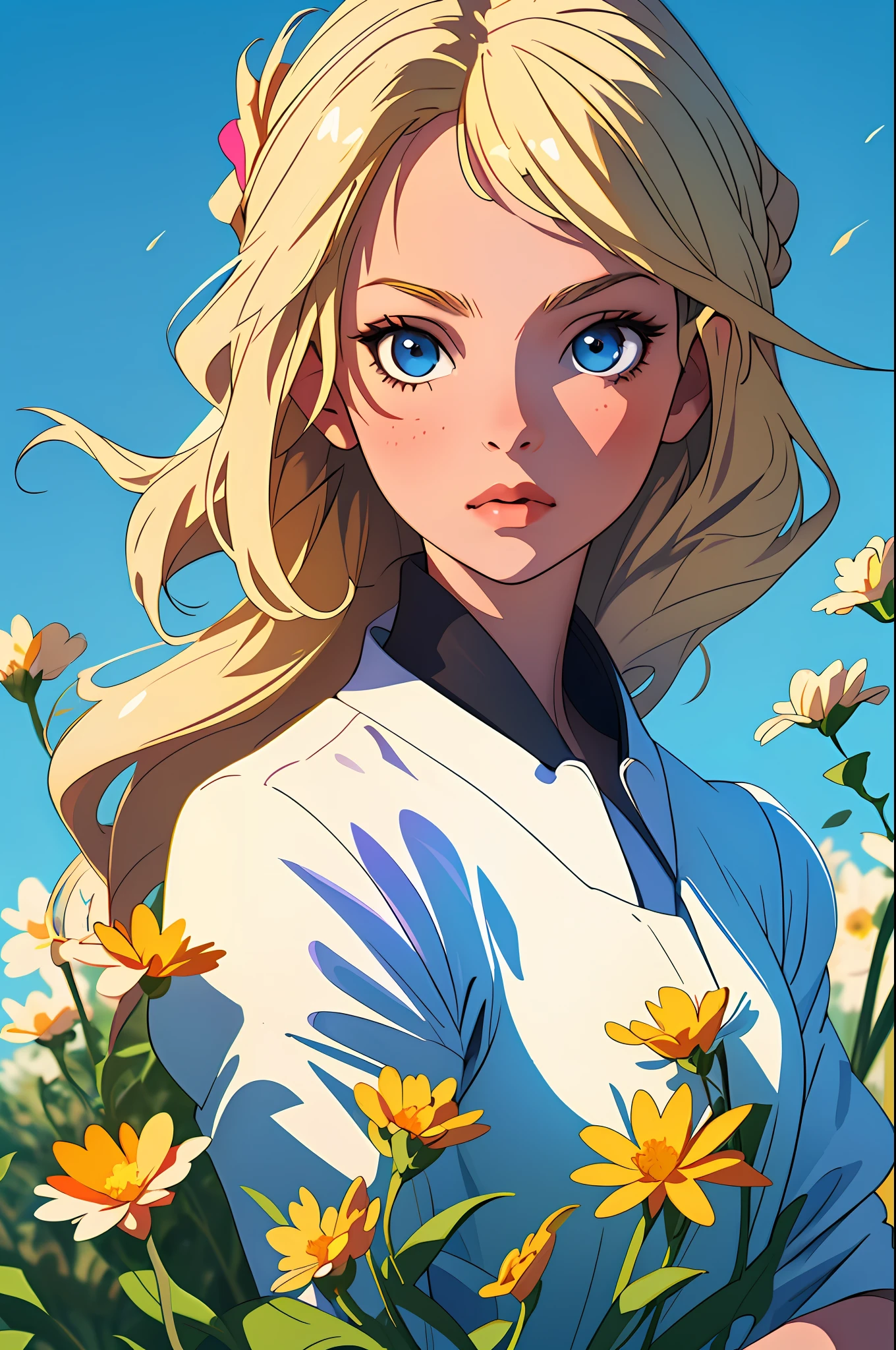 (Best Quality, Masterpiece), 1girl, Pose, Particle, Wind, Flower, Upper Body, Simple Background, Looking at the Viewer, Blonde, Milky Way, Aesthetic