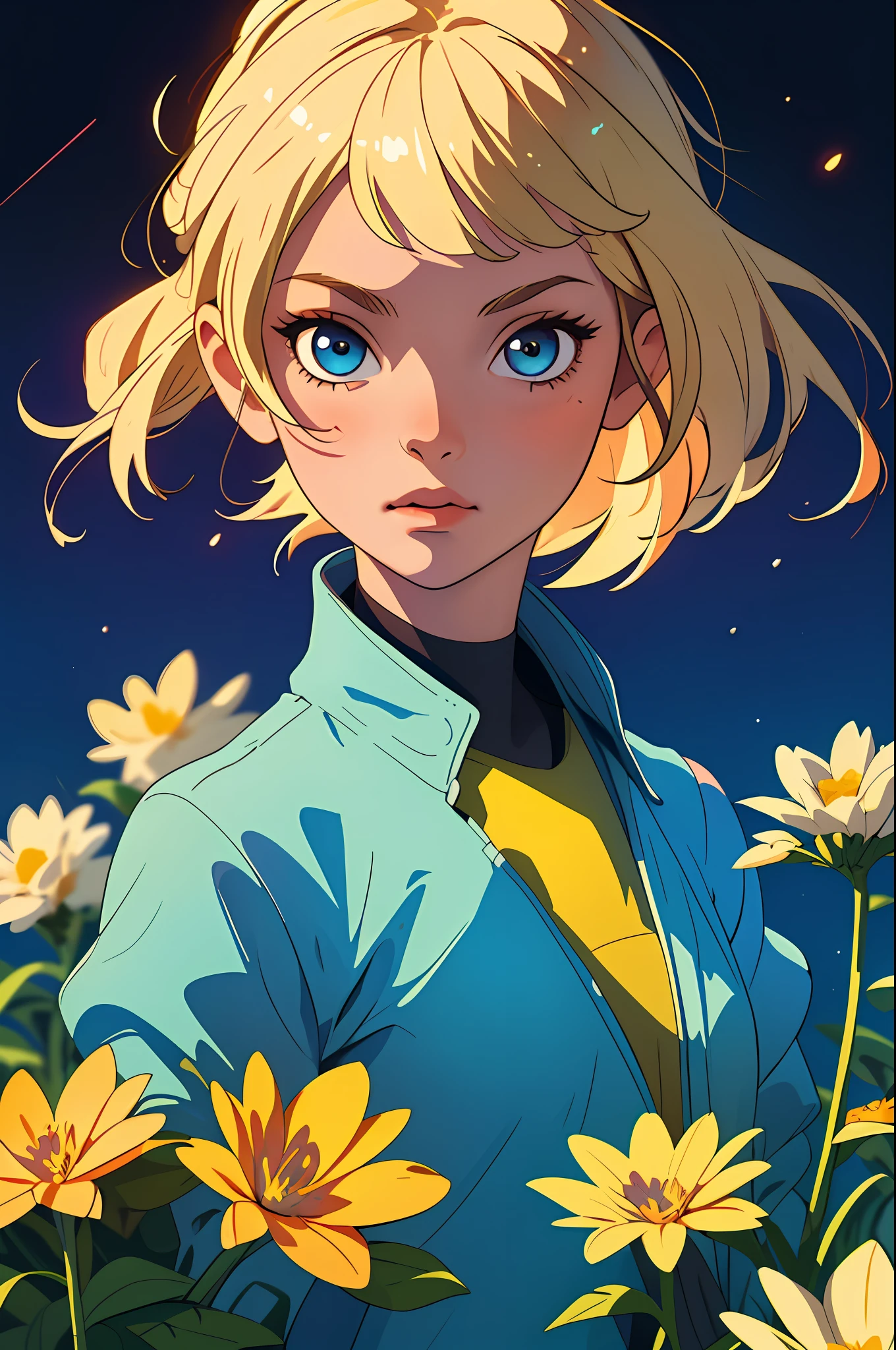 (Best Quality, Masterpiece), 1girl, Pose, Particle, Wind, Flower, Upper Body, Simple Background, Looking at the Viewer, Blonde, Milky Way, Aesthetic