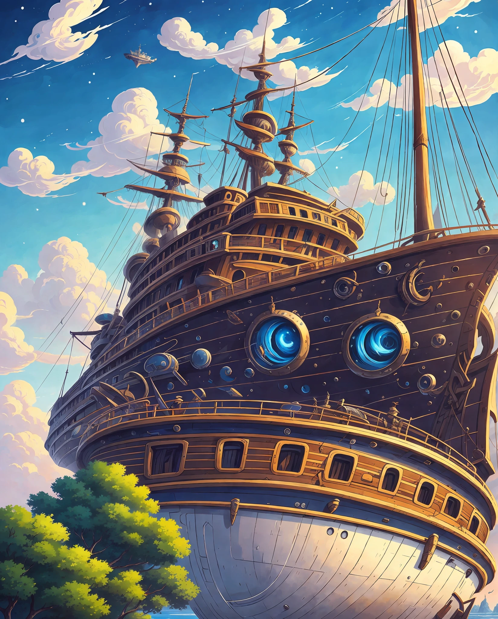 a painting of a ship floating in the sky with a ship in the background, pirate ship in space, flying ships, flying ships in the background, 4k highly detailed digital art, 8k high quality detailed art, in style of cyril rolando, detailed fantasy digital art, epic fantasy sci fi illustration, amazing wallpaper, inspired by gaston bussiere --auto --s2