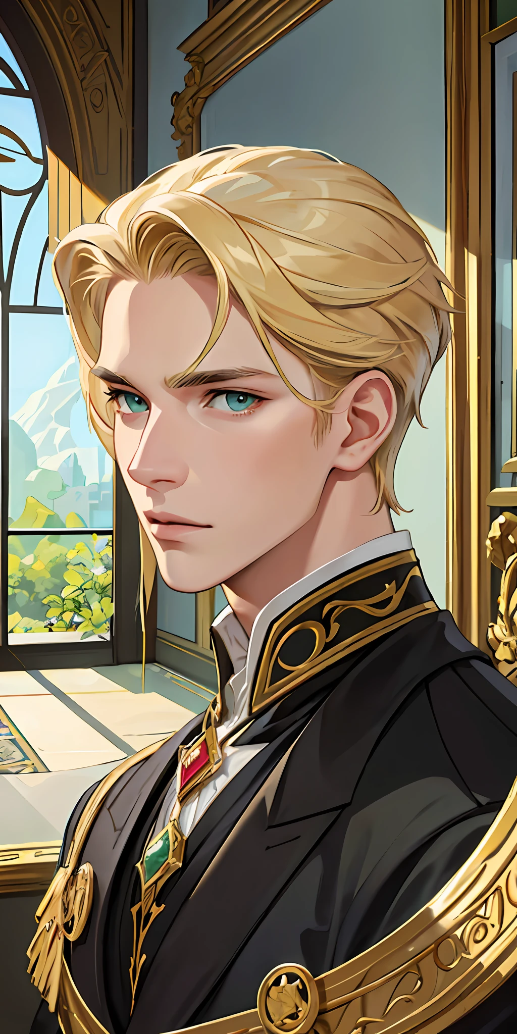 Best image quality, 4k, masterpiece, male, blonde hair, green eyes, handsome mature gentle and handsome, godly eyes, exquisite hair, sharp eyes when looking at the camera, face focus, delicate facial features, artistic lighting, portraiture, face magnification, face close-up, above the shoulder, [elegant demeanor, dignified atmosphere and excellent posture that catches the eye + handsome face + portrait painting effect].