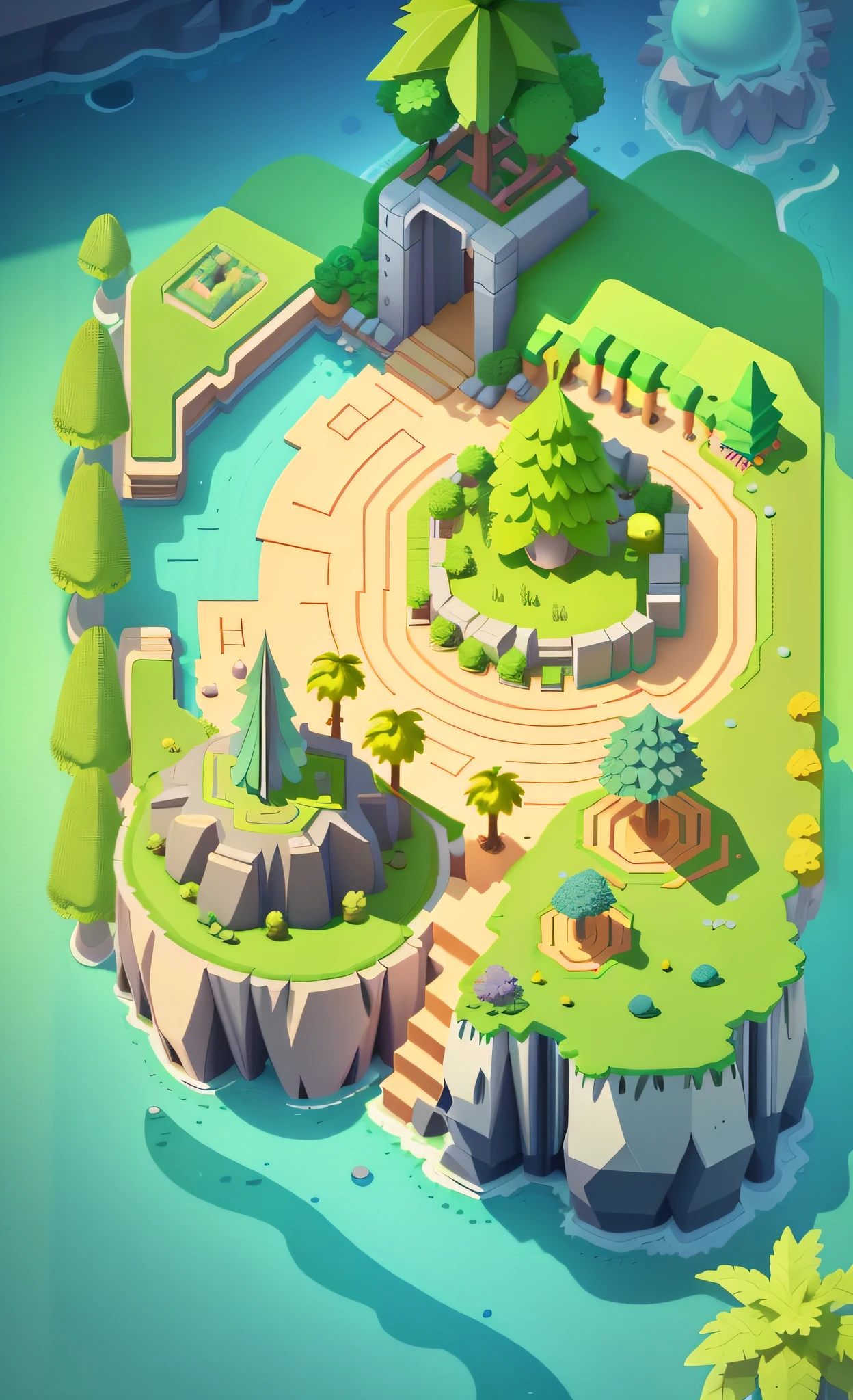 game map,( game concept art design:1.1), isometric art, (cartoon hand drawn style:1.2), simple geometry,(colorful:0.6),detail,flat game art,3d,low mesh, overlooking,viewed from above,plat,(bush,:1.2),(night:1.3),(interiors:1.3),surrounding walls, stone pillars, flat land in the middle, tropical rainforest, coconut trees, shrubs, grass,game engine rendering, super high quality rendering, crisp lines, geometry,masterpiece,best quality,official art,C4D,extremely detailed CGunity 8K wallpaper, highly detailed, illustration,unreal engine,artstation,unreal 5, daz, hyperrealistic, octane render, high-quality shadows,