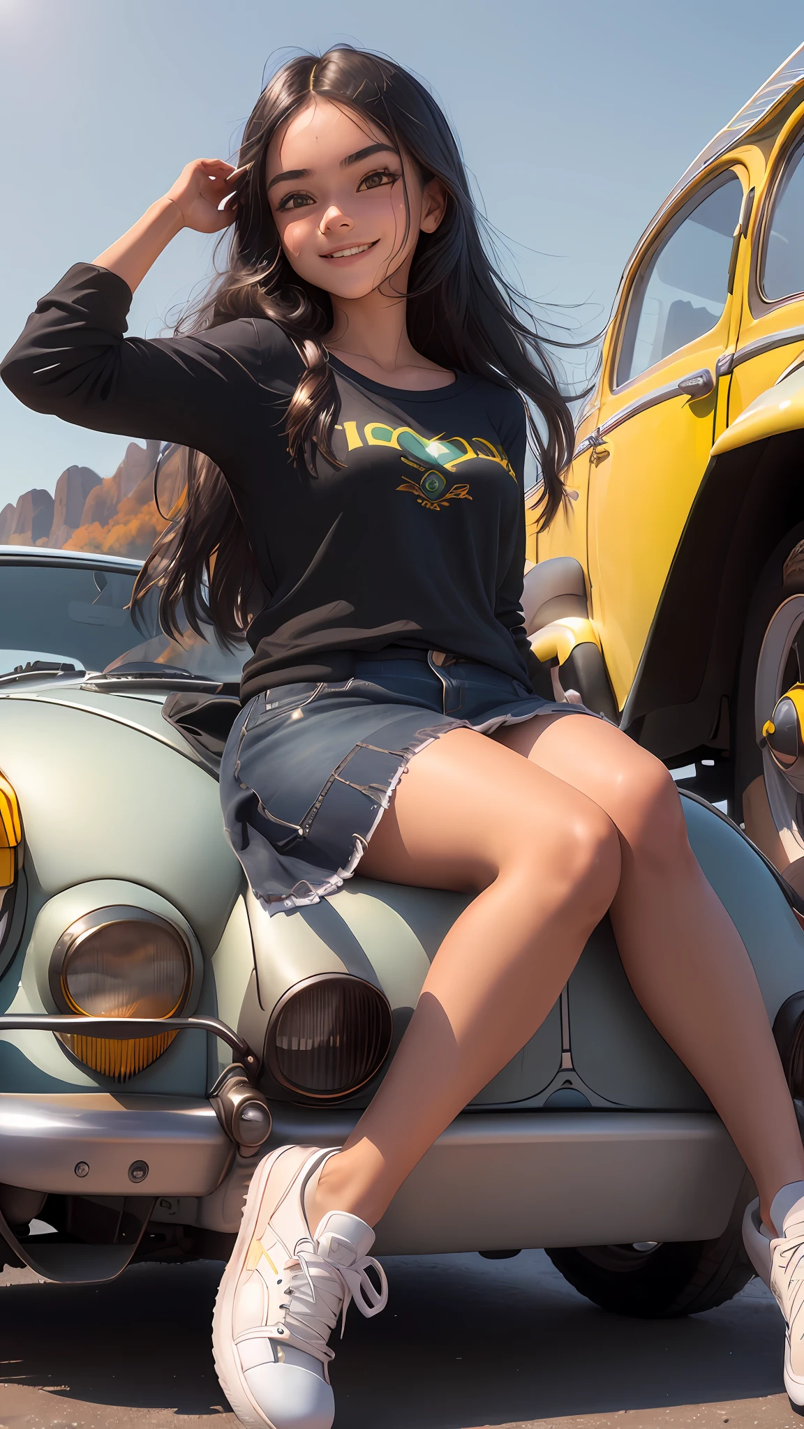 ((3D, best quality: 1.3)), ultra-detailed, SK, ((((solo))), full body, (close-up of a 17-year-old girl ((Brazilian)): 1;15), wearing casual, current fashion, black T-shirt short, (((white shoes))), (straight long hair; 1.15), (well-defined symmetrical face, expression of happiness: 1.12), sitting on the hood of a beetle car, ((whole beetle)), ((detailed and sharp facial expressions)), autumn, floas in the wind, warm and soft dark luminosity, motion blur, magnificent blue sky, redenrization by motorirreal, ((Beautiful landscape of whole background)).