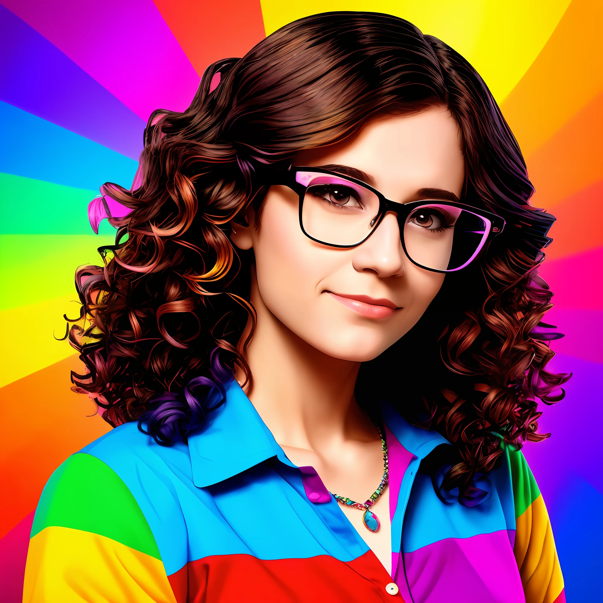 arafed image of a woman with glasses and a rainbow shirt, portrait of a lisa frank, realistic colorful photography, cartoon digital painting, high quality portrait, hq artwork, official illustration, lisa - frank, cartoon artstyle, character headshot portrait, promotional art, detailed color portrait, vibrant fan art, cartoon art style, alex yanes and lisa frank, color portrait