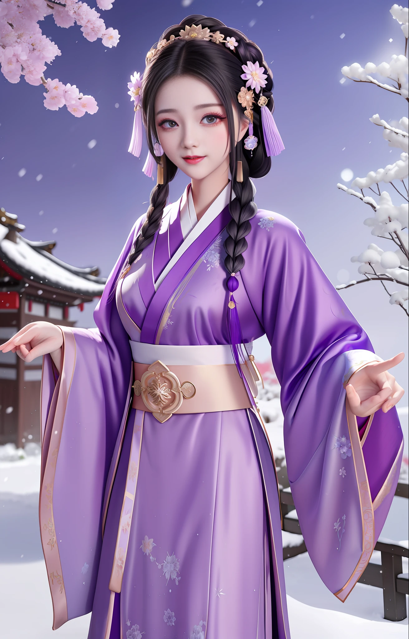 Bright purple Taoist robe, Hanfu long skirt, big eyes, masterpiece absolute beauty, 1 woman, close-up. Close-up, healing smile, snow scene, 4K picture quality, twisted braid, princess hairstyle princess cut, simple hair accessories, plum blossoms, people can't forget the beauty when they see it