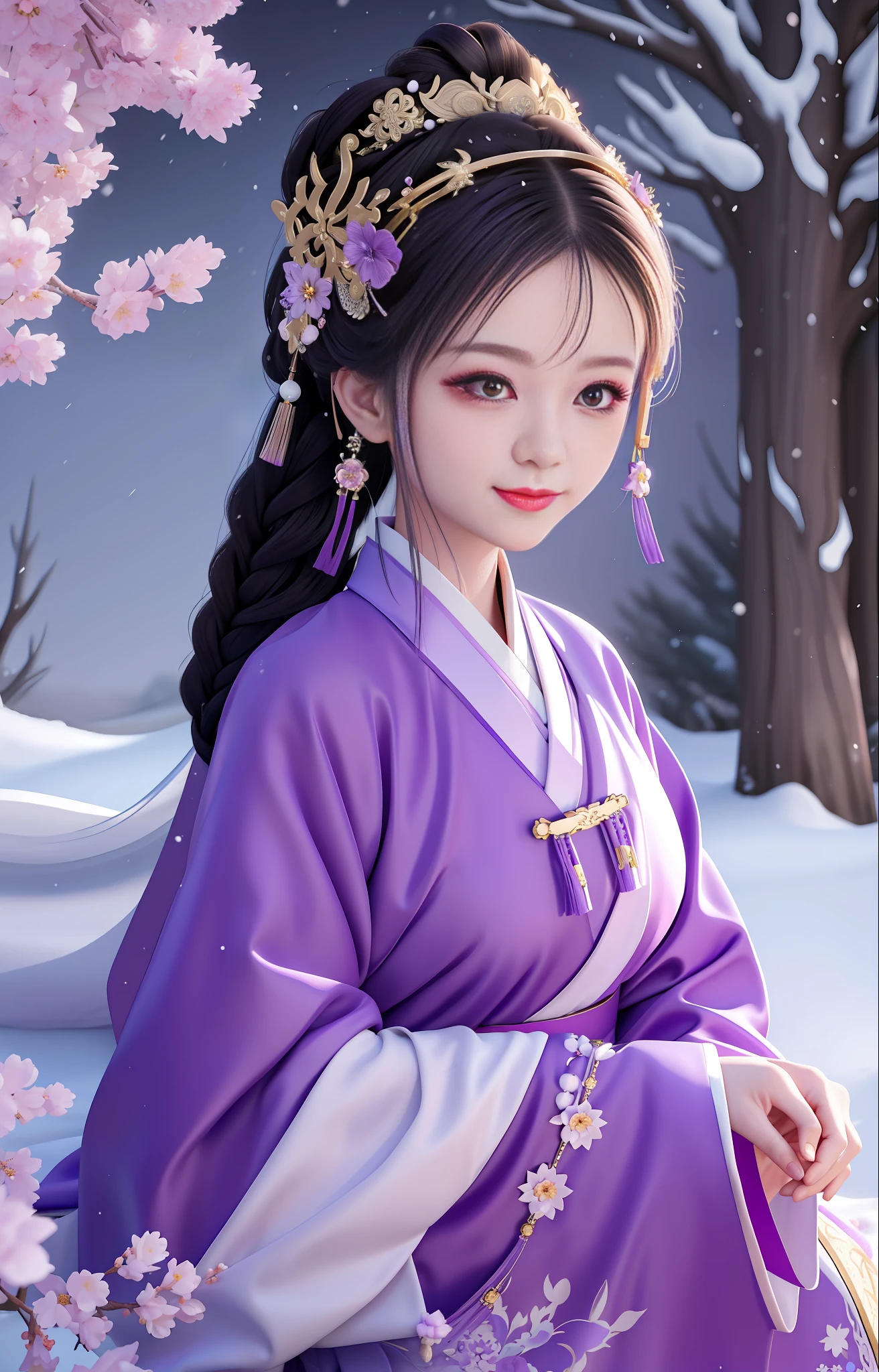 Bright purple Taoist robe, Hanfu long skirt, big eyes, masterpiece absolute beauty, 1 woman, close-up. Close-up, healing smile, snow scene, 4K picture quality, twisted braid, princess hairstyle princess cut, simple hair accessories, plum blossoms, people can't forget the beauty when they see it