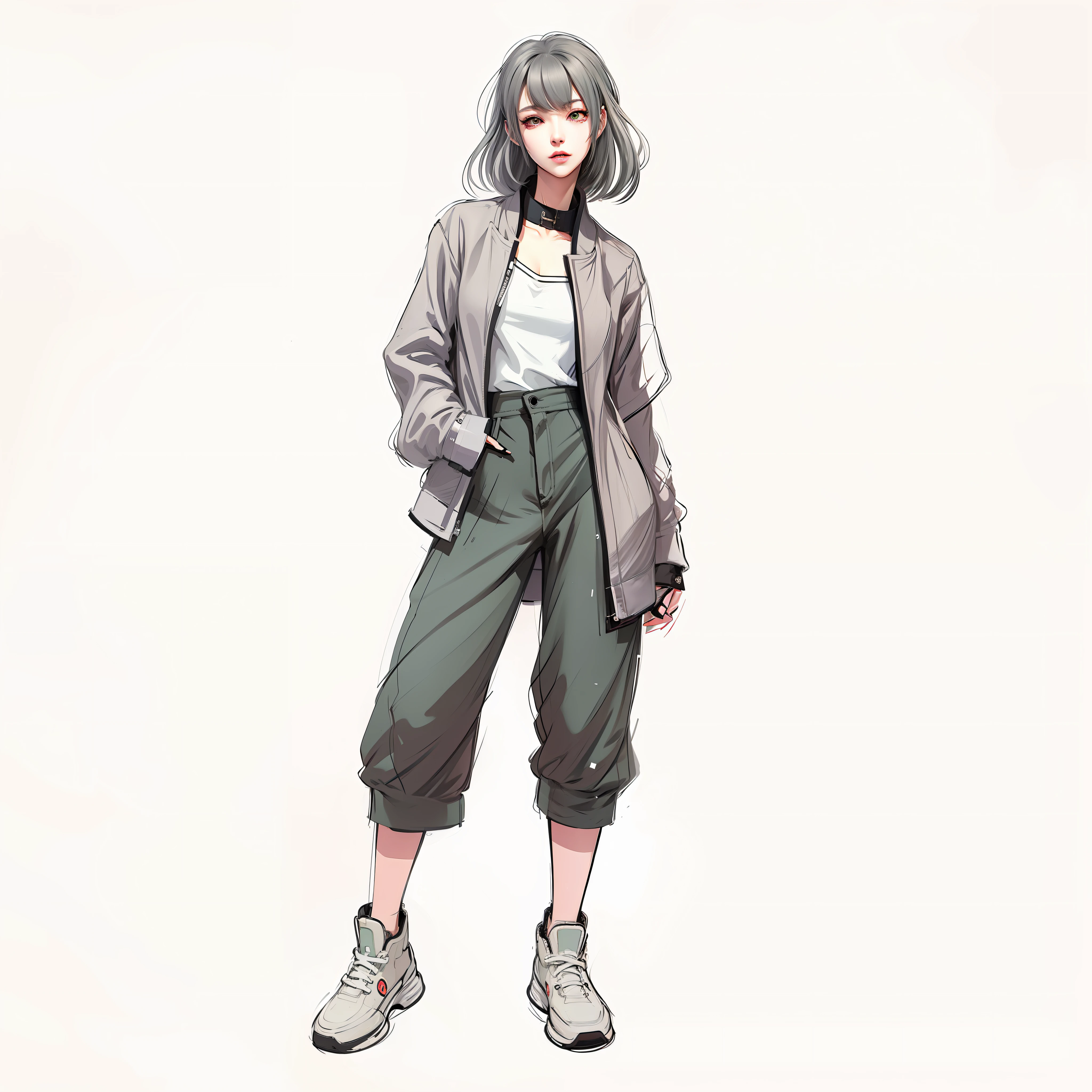 anime - style drawing of a woman in a gray coat and black pants, unrealistic character concept, muted cyberpunk style, anime style character, full body character design, urban girl fanart, realistic character concept, full body character drawing, character full body portrait, full body illustration, full body character concept, anime full body illustration, high quality character design, highly detailed character design