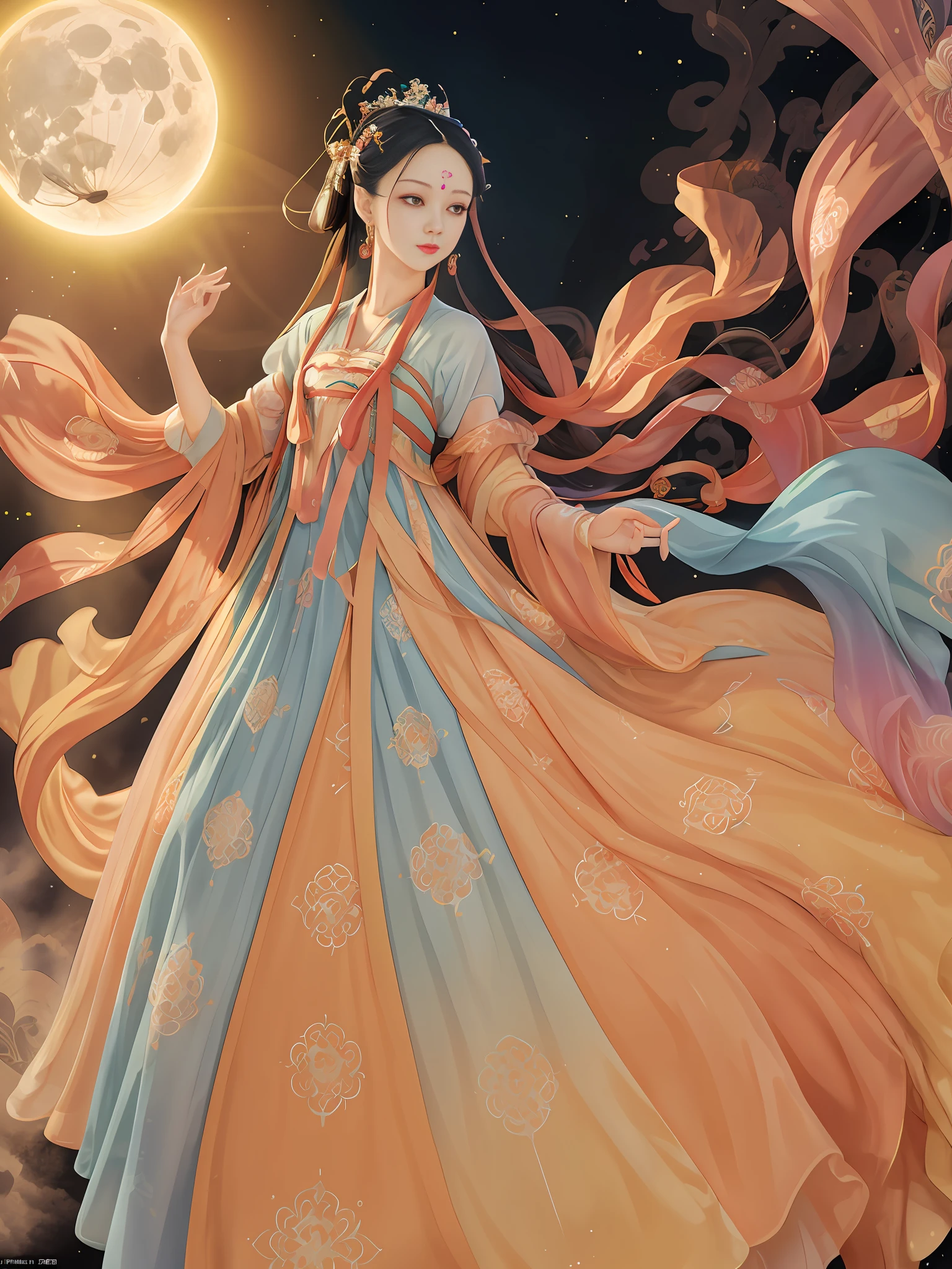 absurd, tall, super detailed, 1 girl, solo, dunhuang, gorgeous, dance, flying, chinese style, dance sleeves, (colorful clouds, colorful halos: 1.3), (forehead markings, hair flowers, hair accessories, jewelry, hair clips, hair rings, tiara, long hair, earrings, (colored long skirt: 1.2), cuffs), fluttering, clear facial features, delicate face, super detailed eyes, flowers, colored eyes, multi-colored hair, portrait (master works: 1.2, best quality), super fine, Ultra-accurate presentation (dynamic pose), color (top to bottom: 1.2), natural light, strong light, sky background, butterfly, Chinese clothing, face markers, hanfu, handheld musical instrument, pipa, long hair, looking at the audience, parted lips, faint smile, solo, bright colors, official art, unified 8k wallpaper, super detailed, beautiful beauty, masterpiece, best quality, (zandeji, mandala, tangles, tangles), extremely detailed, dynamic angles, the most beautiful chaotic forms, elegant, brutalist design, Bright colors, romanticism, atmosphere, ecstatic notes, visible flowing notes, 5 fingers, illusory background, flying ribbon, beautiful sky, bright moon, flying sleeves,