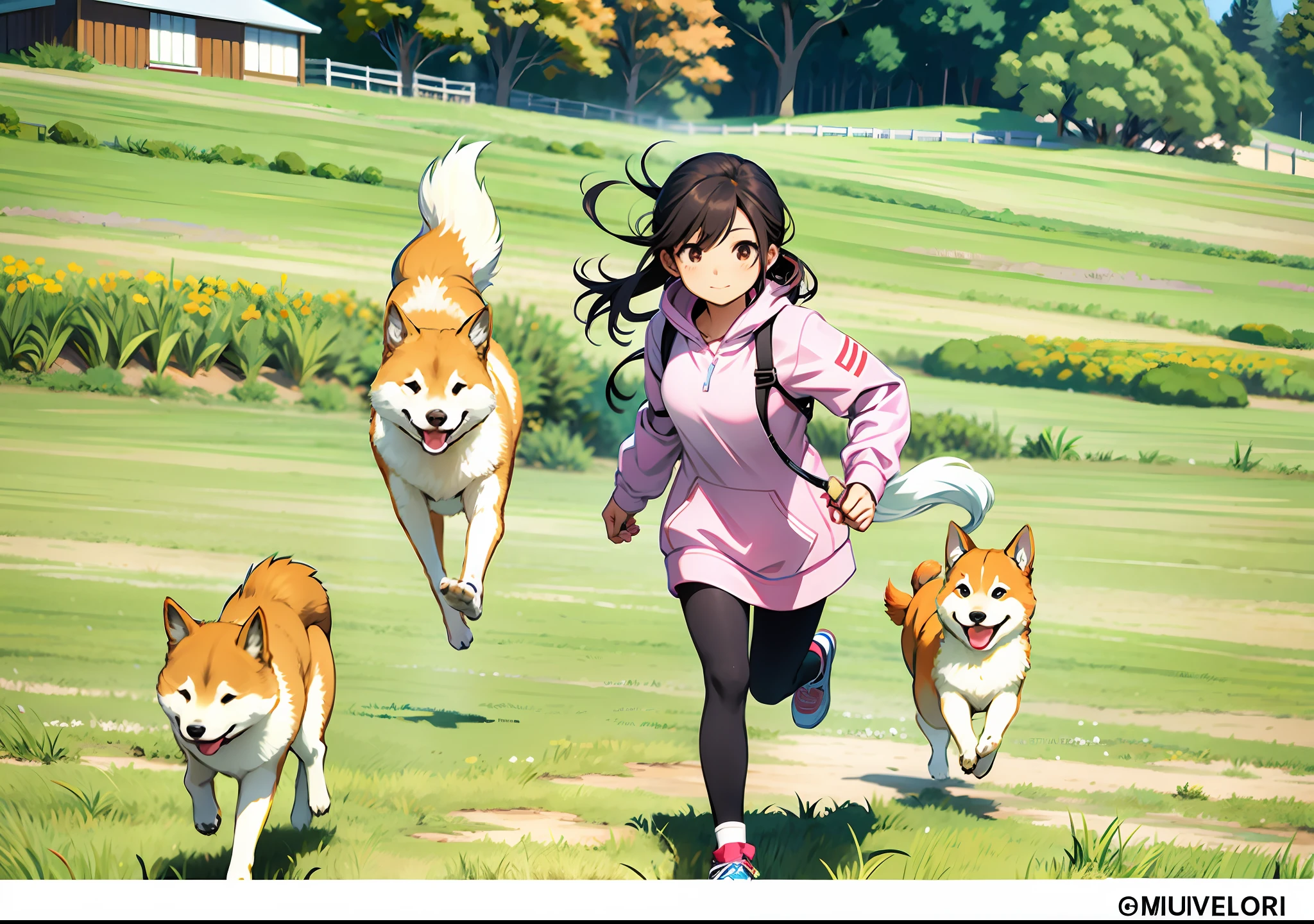 Girl running in the grassland, Shiba Inu chasing a girl