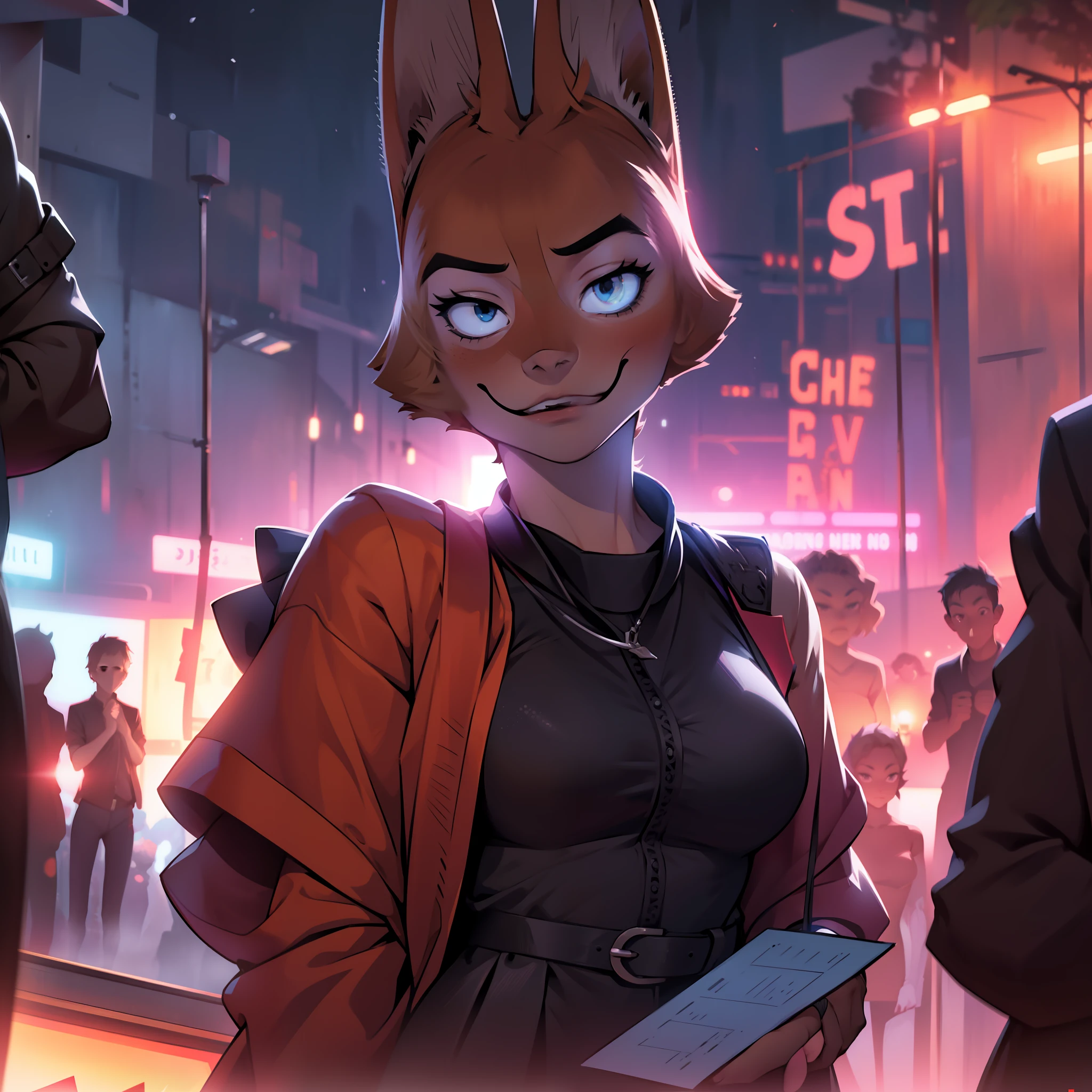 (es)
"Diane Foxington is standing alone in a night club, surrounded by blurred out figures. The mood is serious, with a touch of loneliness conveyed through her expression. Her eyes are fixed on the viewer, drawing them into the scene."
