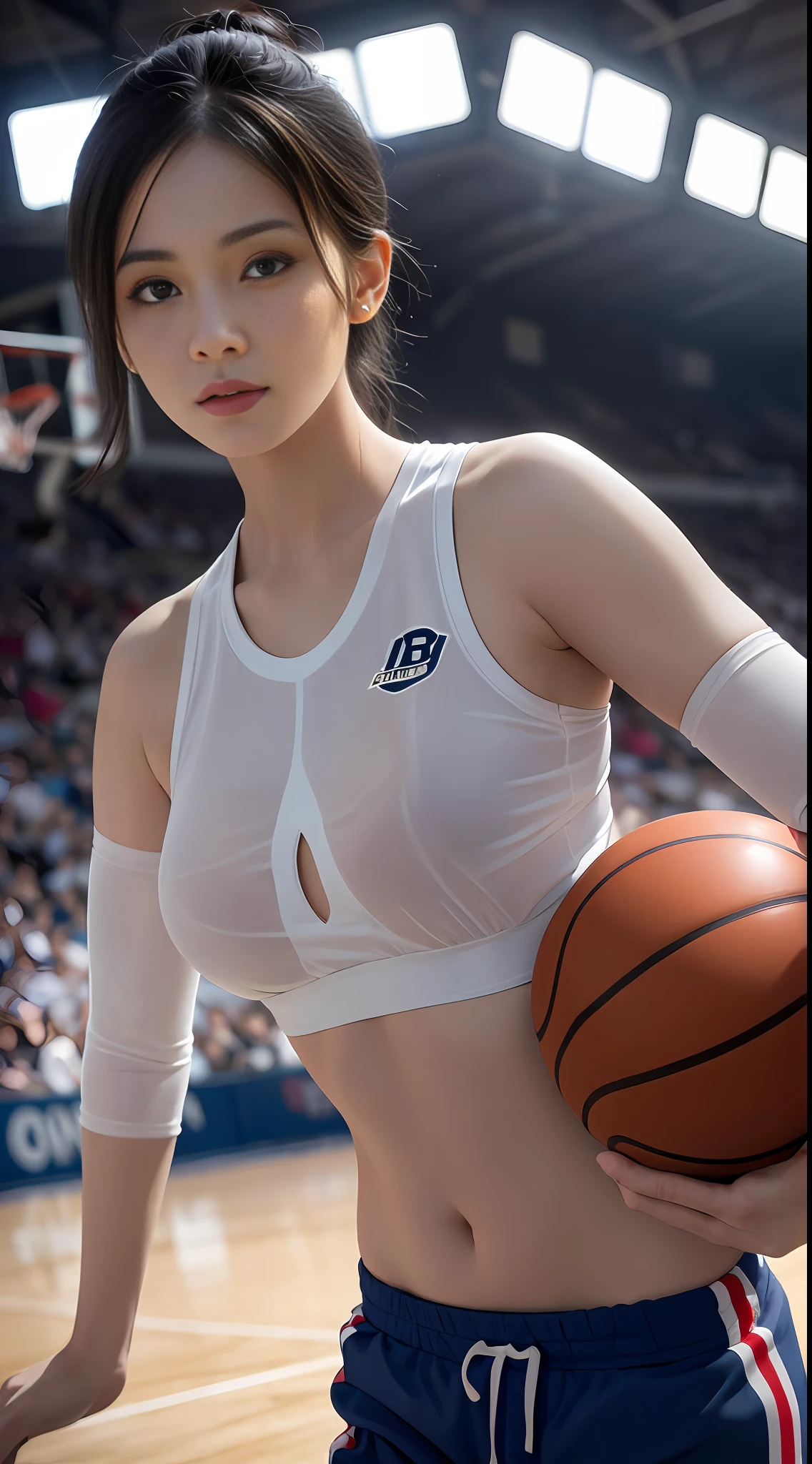 Close-up shot of a woman holding a basketball in a standing position, looking at the camera, wearing a wet and see-through basketball uniform, basketball court background, bra, inner sentry, chest cleft, pants, (tight and conspicuous pants)) tight white soft clothes, NBA, masterpiece, photo details, especially attention to the eyes, details, emphasis on realism It is a realistic masterpiece. This is the official background, super camel, aesthetic, aesthetic, top quality, display elegance and aesthetics of images, 8K, cinematography, 4HD, highlight tight wear, conspicuous underwear, slotted chest