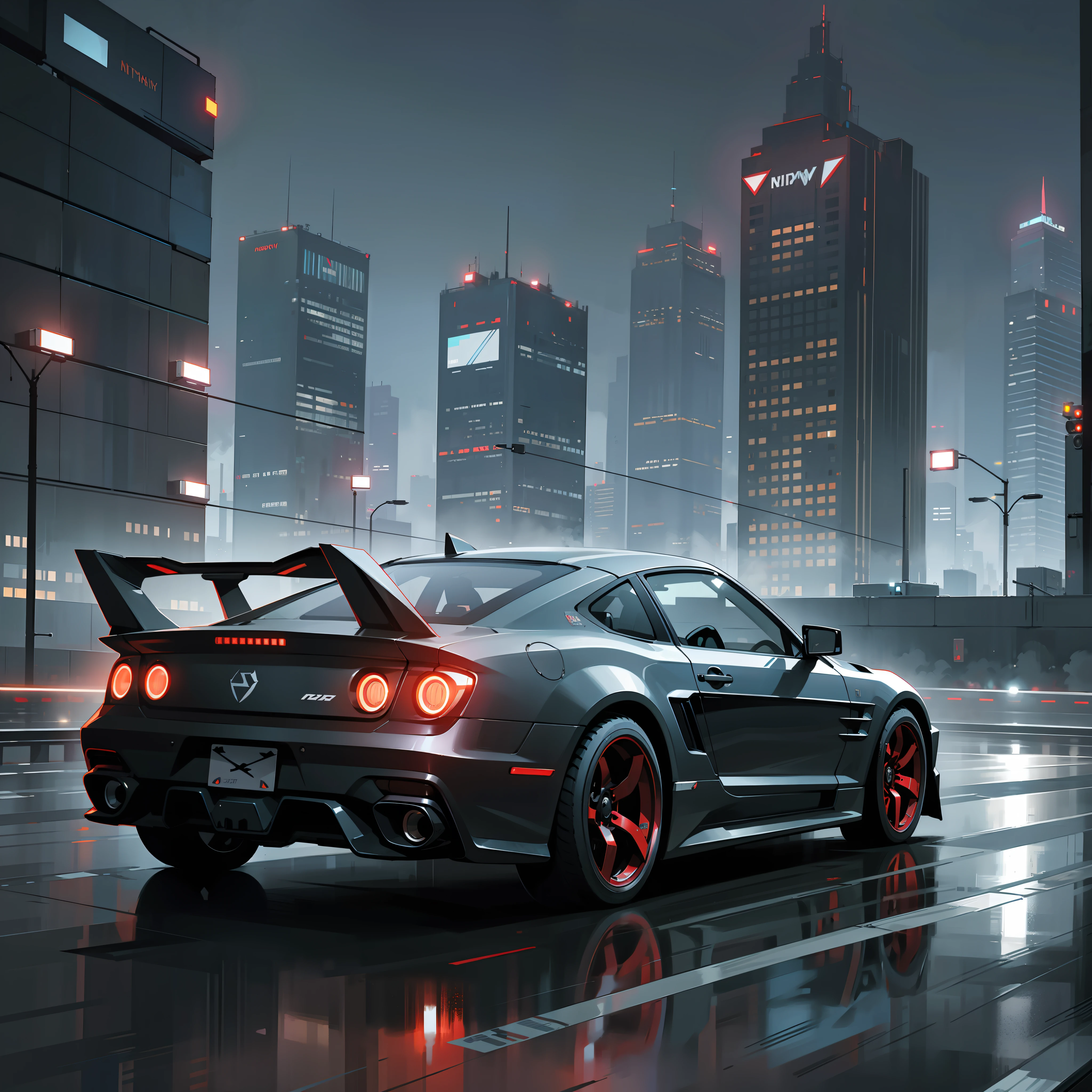 Cyberpunk style, dark night, city highway, car driving at high speed, empty surroundings, black sky, strong contrasting environment, fast car speeding in traffic.