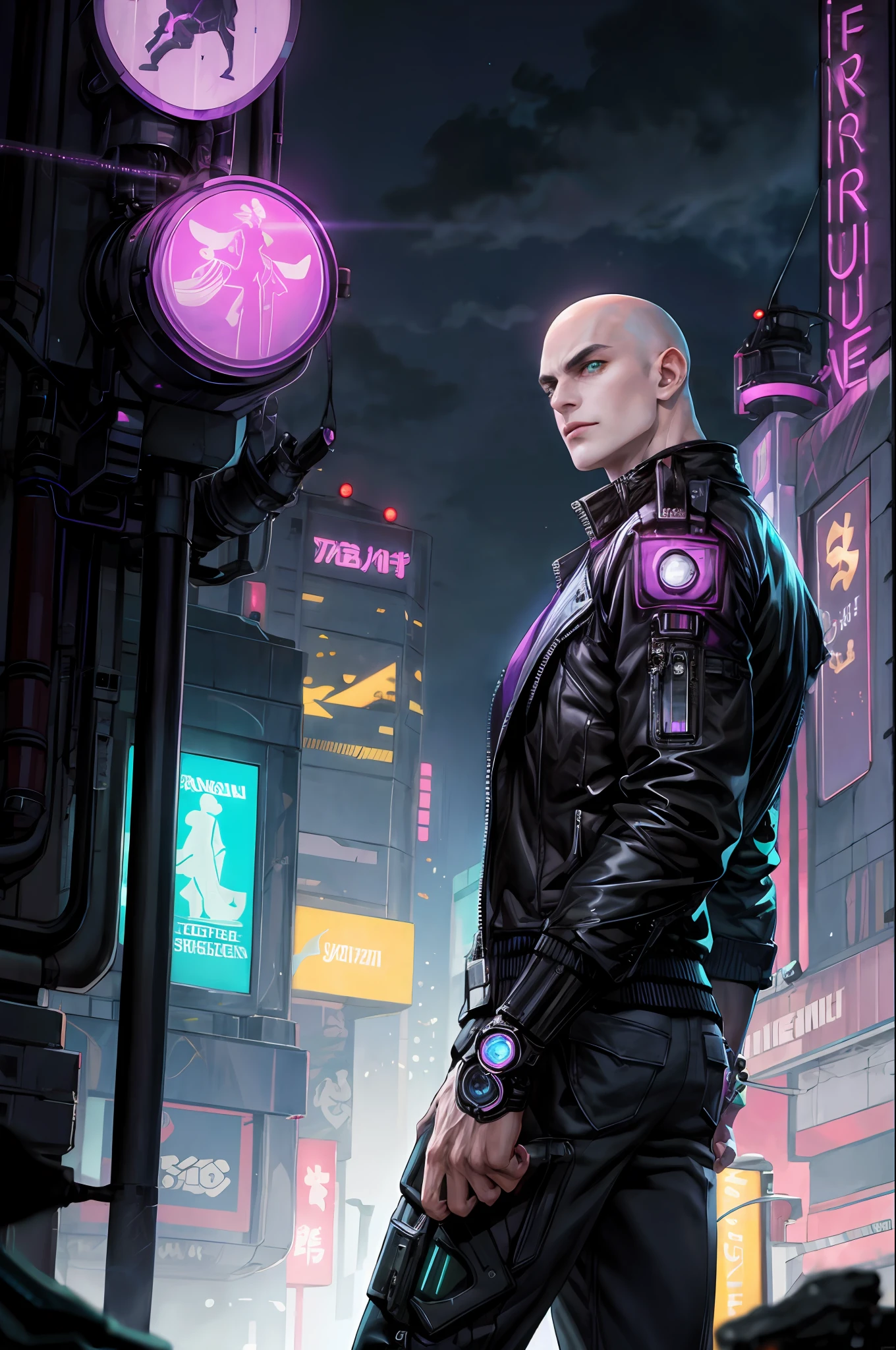 masterpiece, best quality, 1male, handsome, tall muscular face, bald, symmetrical eyes, neon eyes, best ratio of four fingers to one thumb, best light and shadow, backdrop, moderate sunlight, dressed in a black and purple cyberpunk jacket, cyborg, mechanical sleeve, cyberpunk, sci-fi, half body, futuristic clothes, speed, night city, neon sign, cyan, magenta