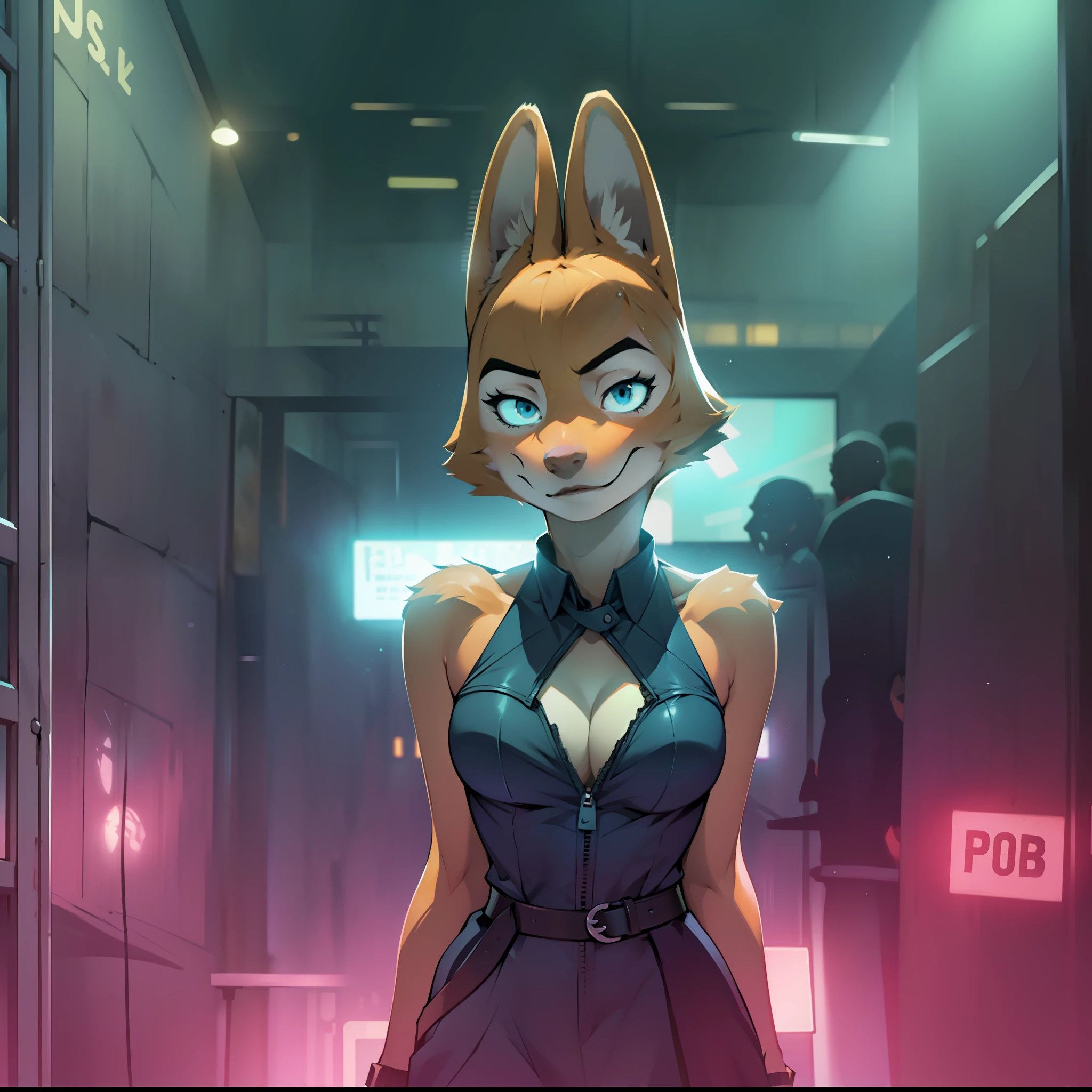 (es)
"Diane Foxington is standing alone in a night club, surrounded by blurred out figures. The mood is serious, with a touch of loneliness conveyed through her expression. Her eyes are fixed on the viewer, drawing them into the scene."