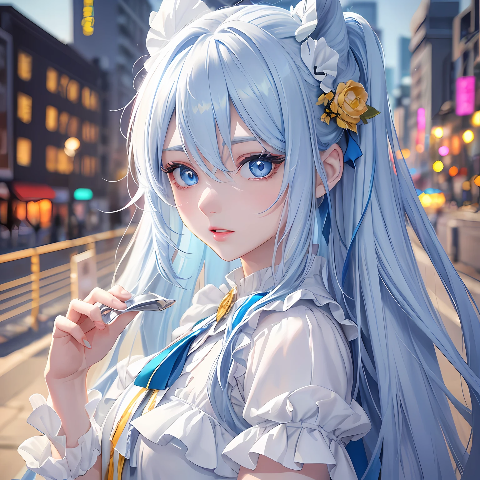A beautiful girl, with long blue hair, heterochromatic eyes (blue), (yellow) 0.8], highlighting her colorful eyes, white skin, wearing a beautiful white ruffled blouse of white color, happycore, manhua, cinematic lighting, 4k, teenager, city background --upbeta --niji 5 --uplight --s2