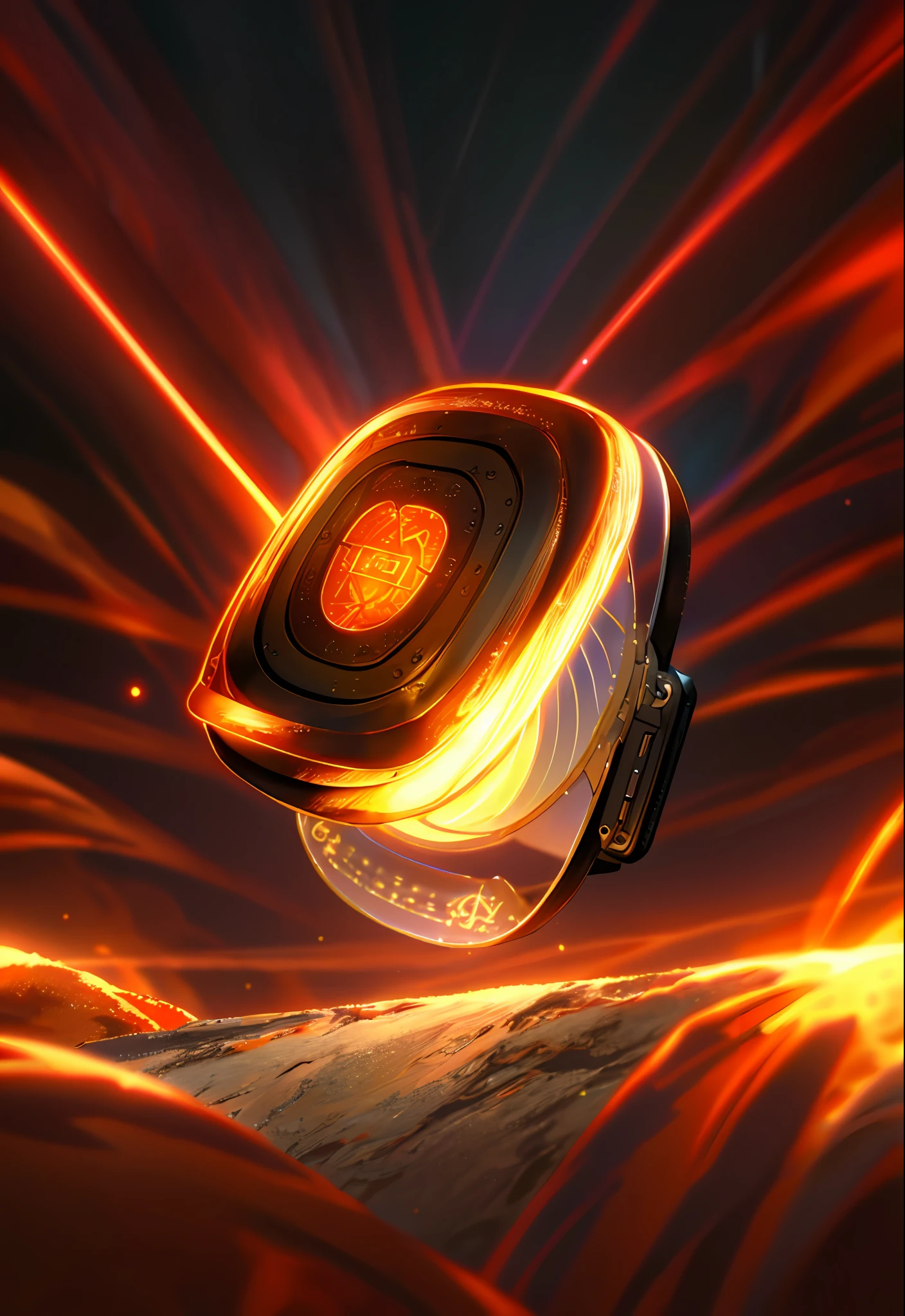 An electric pie pan, glowing light, cinematic lighting | Complex filigree metal design, highly detailed, fantasy background, detailed all, solo, current, lightning effect, ray tracing, detailed all, 4K Ultra HD.