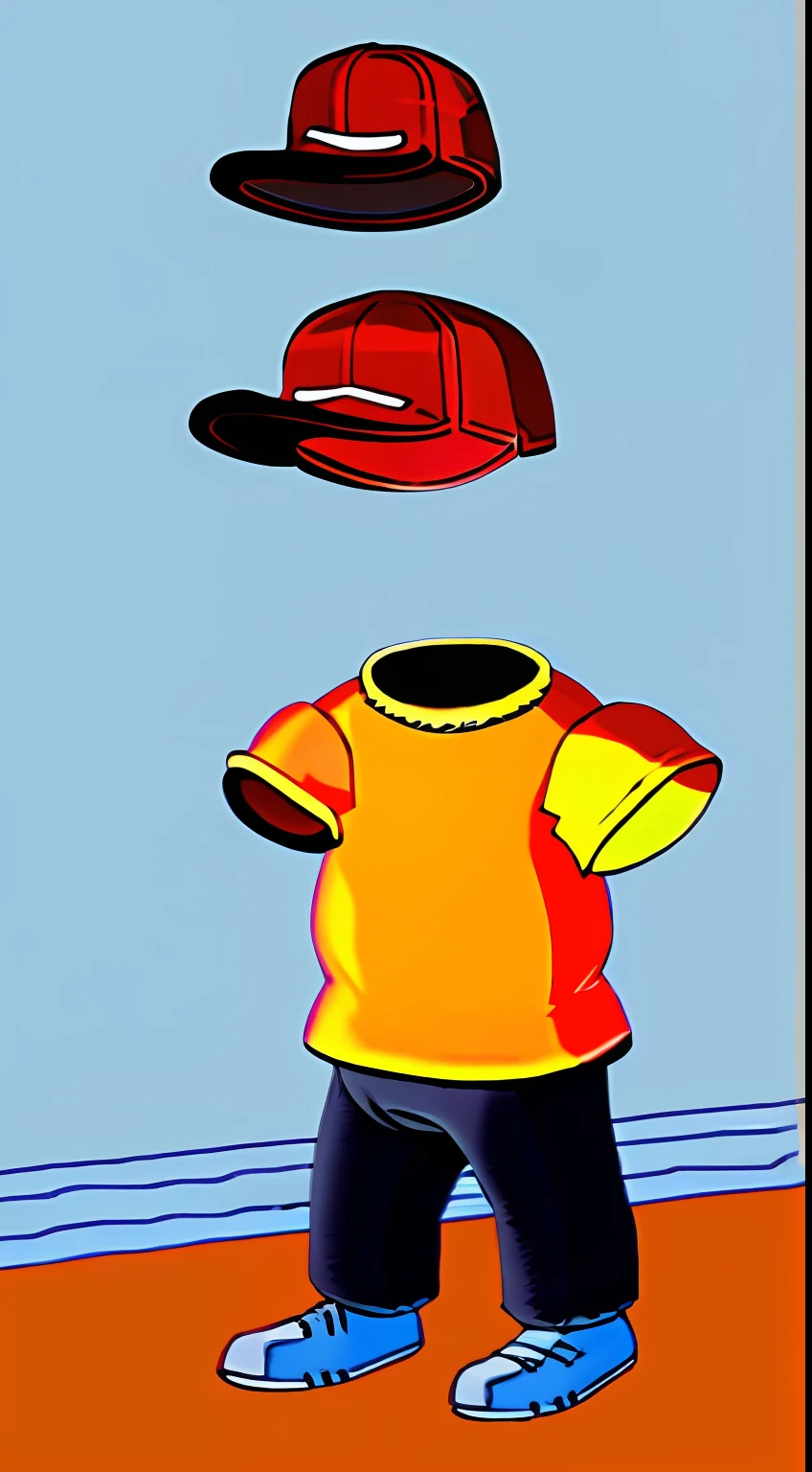 headless bart simpson walking, baseball cap, orange t-shirt, blue long jeans, blue shoes