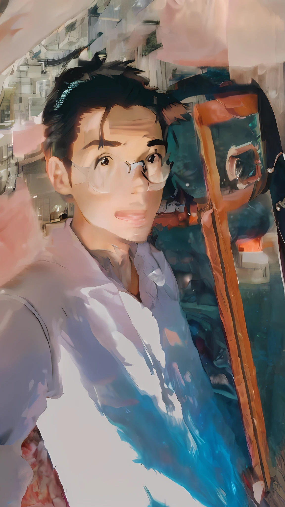 ((masterpiece)), ((best quality)), 8k, high detailed, ultra-detailed, A boy taking a selfie, 1 boy, self-portrait, avatar, anime style in Kyoto Animation's art style, slightly chubby, wearing white glasses, inspired by Makoto Shinkai's "Your Name", backdrop of Tokyo streets.