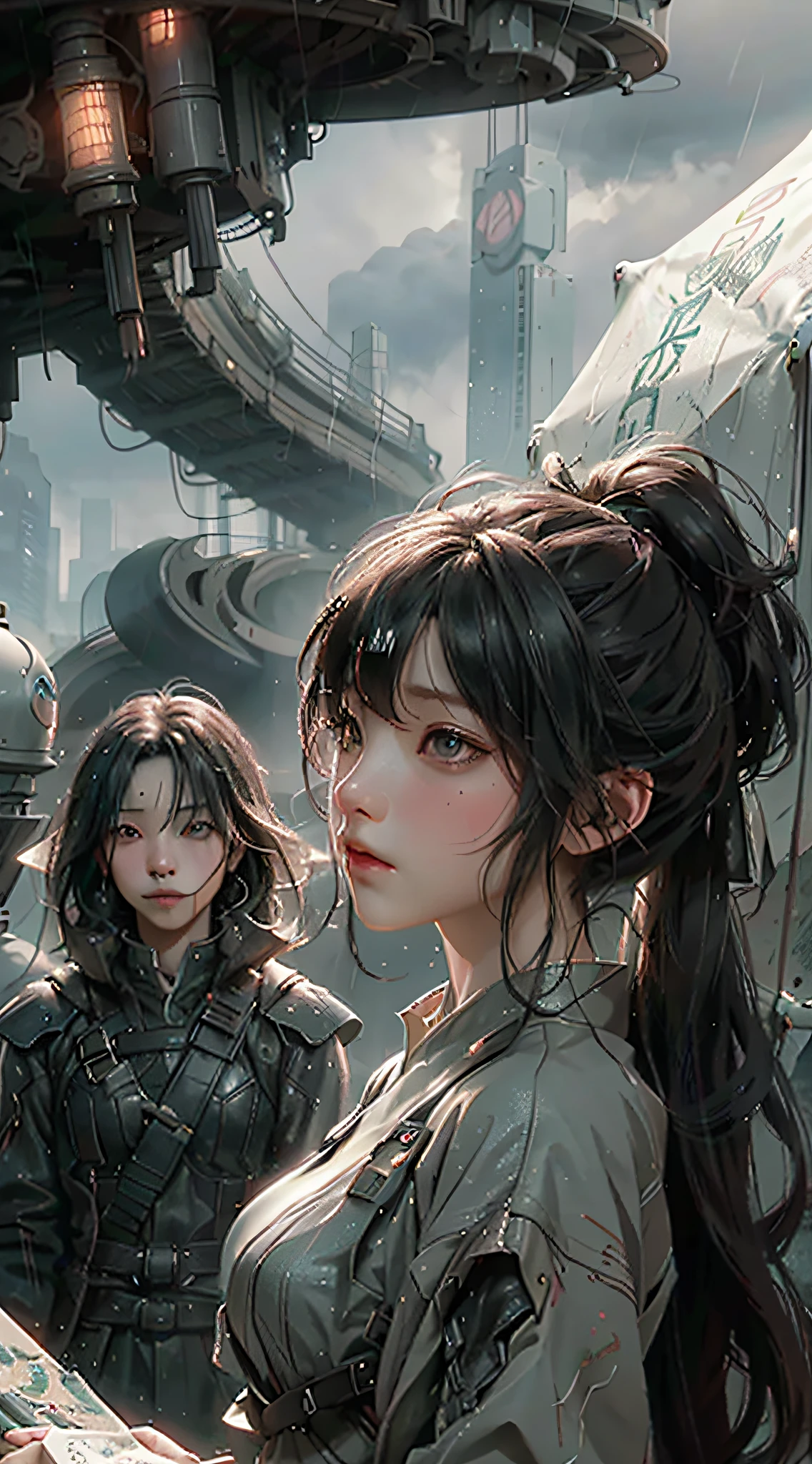 The anime scene of a couple kissing in the rain in front of a huge object, Ross Tran and Bayard Wu, is depicted as a sci-fi scene, an emotional concept art, a concept art of despair