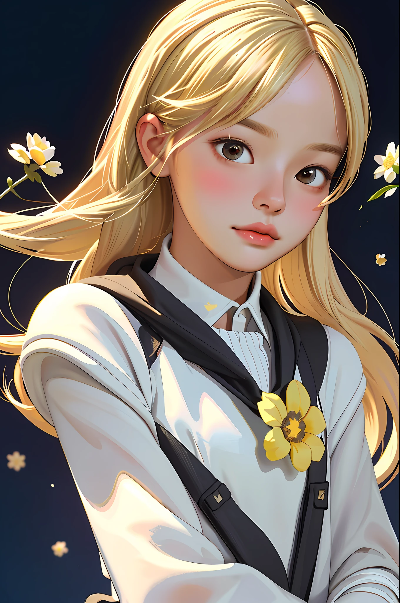 (Best quality, masterpiece), 1girl, pose, particles, wind, flower, upper body, simple background, looking at the audience, blonde, milky way, aesthetic