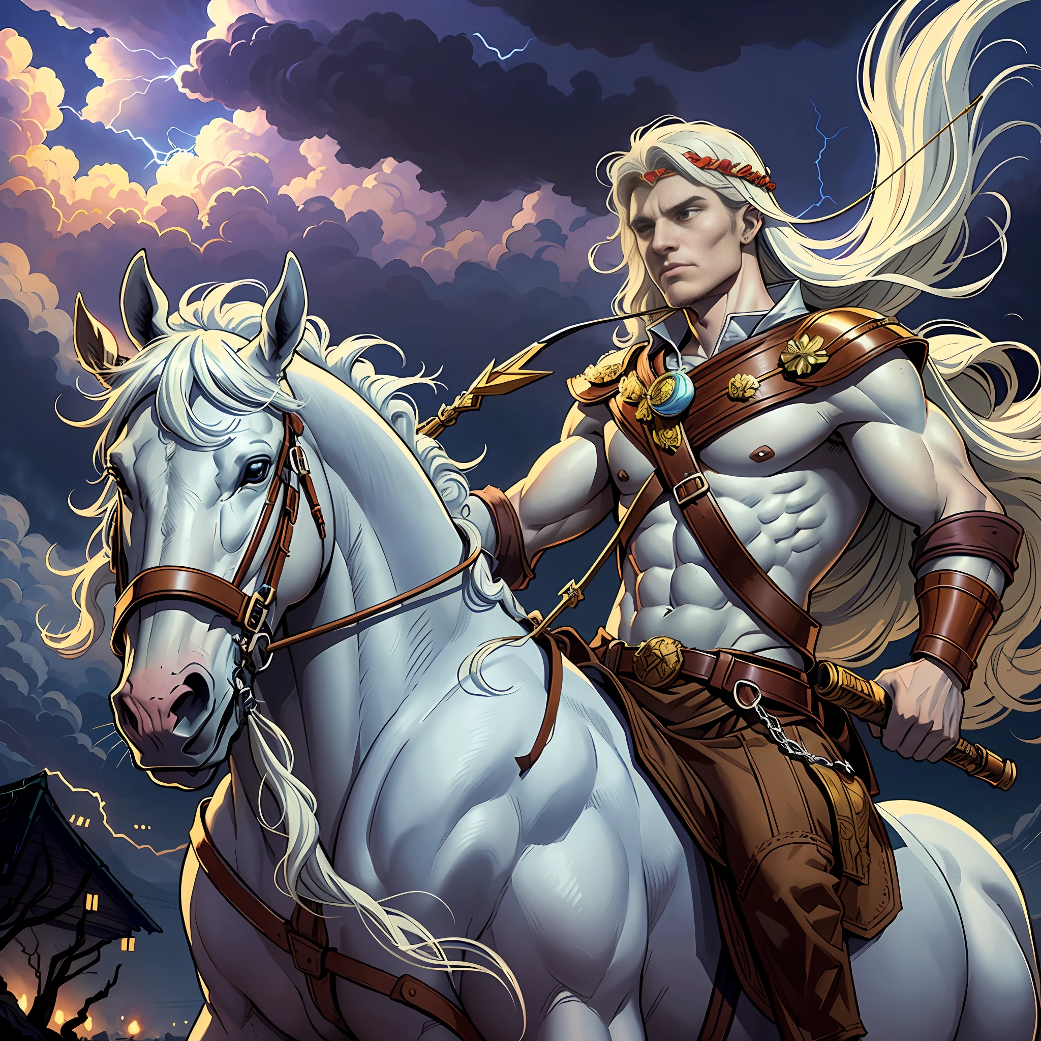 cartoon, a white horse, a male rider with a raised arm holding (bow and arrow:1.15) and one (laurel wreath on head:1.14)), cartoon style movie, cartoon, by Ron Walotsky, cartoon of the 90s, strong shadows, sky with dark clouds and war scenery, lightning and thunder, fire, dirt road at dusk, gradient sky,  grotesque, dark, scary, dark fantasy, mysterious atmosphere. --s2