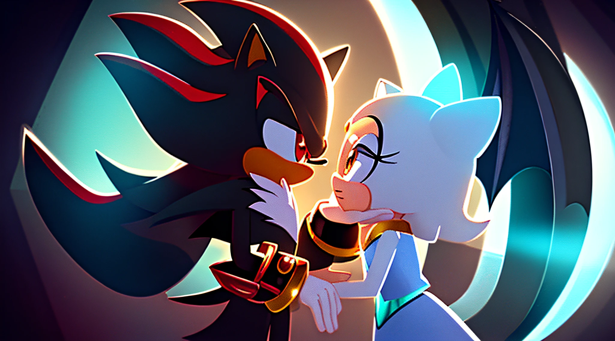 (masterpiece, best quality, ultra-detailed CG unity 8k wallpaper), best illumination, romantic moment, Shadow the Hedgehog, Rouge the Bat, floating, dark aesthetic, high saturation, dynamic pose, intimate, black and red clothing, shining eyes, mystery, deep shadows, atmospheric, intense emotion, cinematic framing.