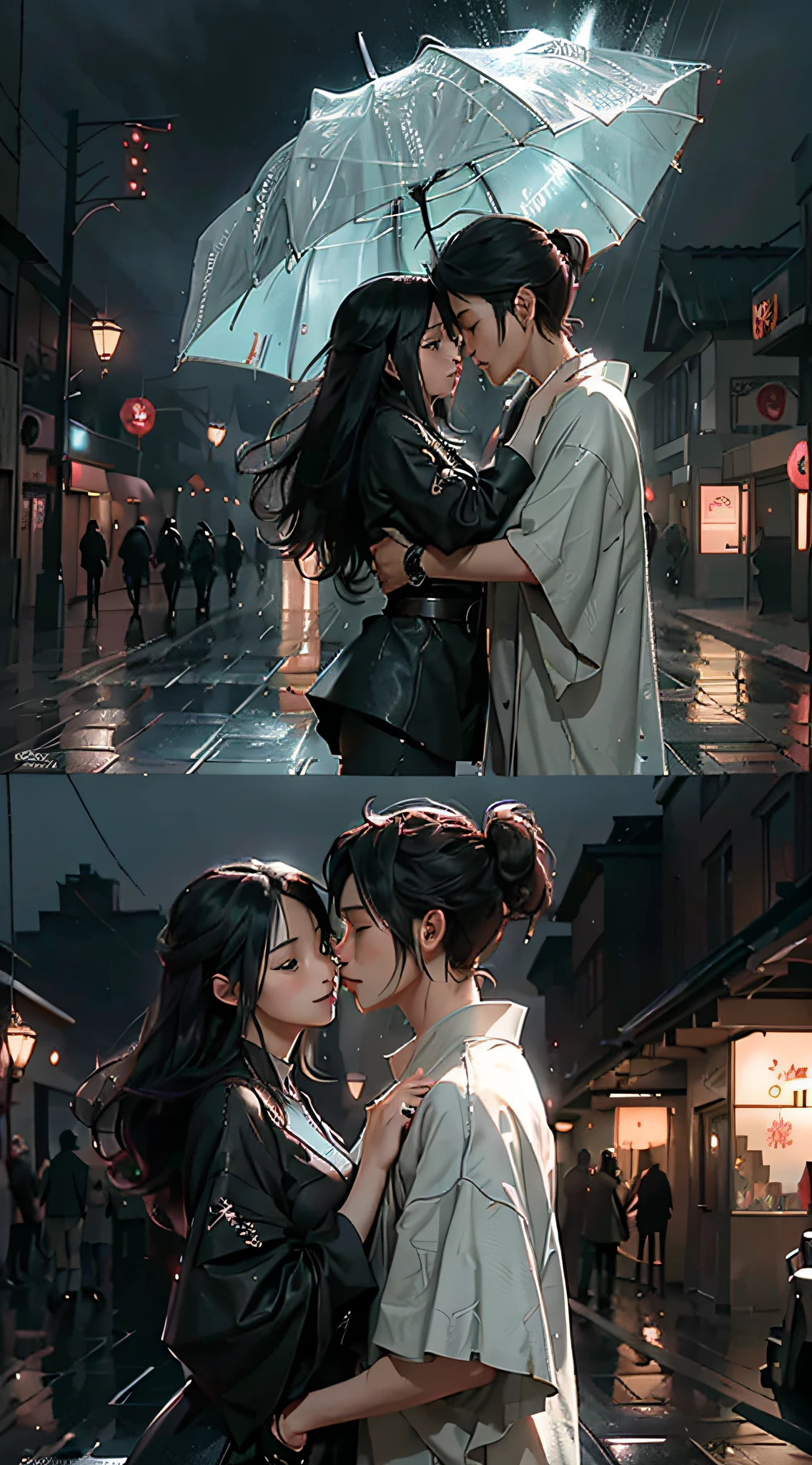 The anime scene of a couple kissing in the rain in front of a huge object, Ross Tran and Bayard Wu, is depicted as a sci-fi scene, an emotional concept art, a concept art of despair