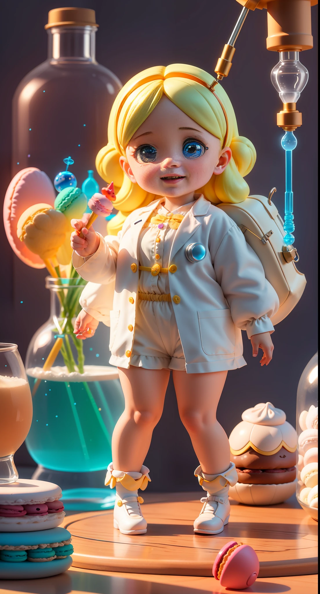 Official Art, Unified 8k Wallpaper, Super Detailed, Beautiful and Aesthetic, Masterpiece, Best Quality, Oversized Wallpaper, Detailed Plastic Material, ((Same Character, Front, Side,)) Best Quality, (Very Detailed Model), (Best Quality), Octane Rendering, Ray Tracing, Very Detailed, 3D Toys, Exaggerated Giant Long Hair, Cute Candy Little Girl, Full Body 3D Drawing, 1 pc, Good Looking, Big Eyes, Cute, Happy, C4D, Pop Matt Blind Box, Macaron Tones, glowing bubbles, toys, solid color background, chibi, fluorescent translucency, luminescence, kawaii, doll, (((scientist, white lab coat))), reference table, pop mart blind box, pixar, intricate details, close-up,. Inspired by Alice in Wonderland, magic, fairy tales. Unreal Engine, octane render, cuteness render, 3d rendering, Adobe Photoshop, awe inspiring, beautiful, cute ,