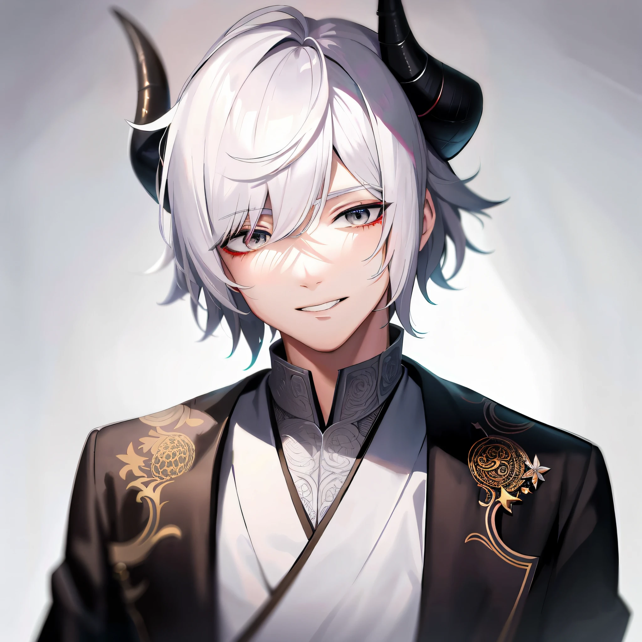 Anime - Style image of man with white hair and horns, handsome Japanese horn boy, Kokiyo from Genshin Impact, White Haired God, Handsome guy in Demon Killer Art, Shi Tao, Nakami of Genshin Impact, Male Demon Suitable for White Horn, Demon Slayer Rui Doujin, Yang J, stunning anime face portrait
