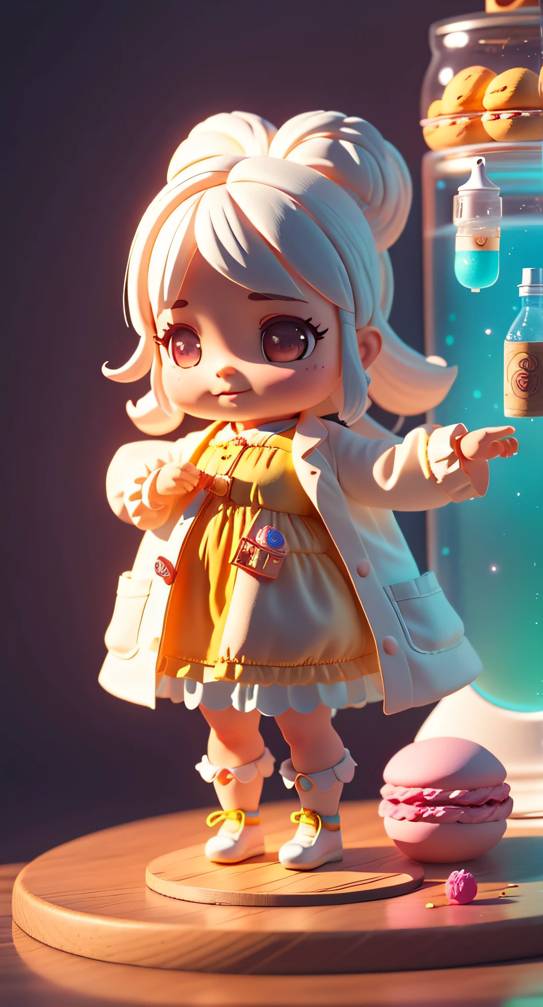Official Art, Unified 8k Wallpaper, Super Detailed, Beautiful and Aesthetic, Masterpiece, Best Quality, Oversized Wallpaper, Detailed Plastic Material, ((Same Character, Front, Side,)) Best Quality, (Very Detailed Model), (Best Quality), Octane Rendering, Ray Tracing, Very Detailed, 3D Toys, Exaggerated Giant Long Hair, Cute Candy Little Girl, Full Body 3D Drawing, 1 pc, Good Looking, Big Eyes, Cute, Happy, C4D, Pop Matt Blind Box, Macaron Tones, glowing bubbles, toys, solid color background, chibi, fluorescent translucency, luminescence, kawaii, doll, (((scientist, white lab coat))), reference table, pop mart blind box, pixar, intricate details, close-up,. Inspired by Alice in Wonderland, magic, fairy tales. Unreal Engine, octane render, cuteness render, 3d rendering, Adobe Photoshop, awe inspiring, beautiful, cute ,