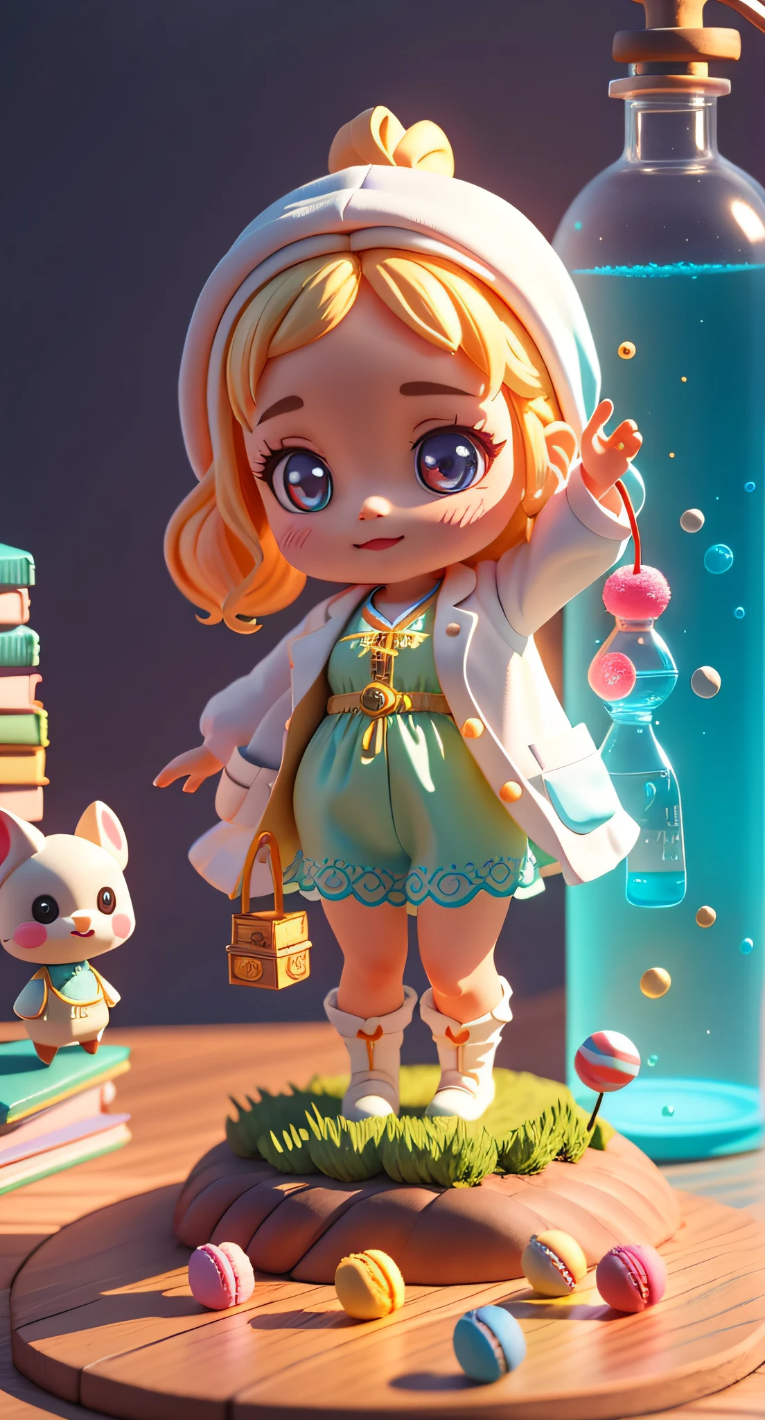 Official Art, Unified 8k Wallpaper, Super Detailed, Beautiful and Aesthetic, Masterpiece, Best Quality, Oversized Wallpaper, Detailed Plastic Material, ((Same Character, Front, Side,)) Best Quality, (Very Detailed Model), (Best Quality), Octane Rendering, Ray Tracing, Very Detailed, 3D Toys, Exaggerated Giant Long Hair, Cute Candy Little Girl, Full Body 3D Drawing, 1 pc, Good Looking, Big Eyes, Cute, Happy, C4D, Pop Matt Blind Box, Macaron Tones, glowing bubbles, toys, solid color background, chibi, fluorescent translucency, luminescence, kawaii, doll, (((scientist, white lab coat))), reference table, pop mart blind box, pixar, intricate details, close-up,. Inspired by Alice in Wonderland, magic, fairy tales. Unreal Engine, octane render, cuteness render, 3d rendering, Adobe Photoshop, awe inspiring, beautiful, cute ,