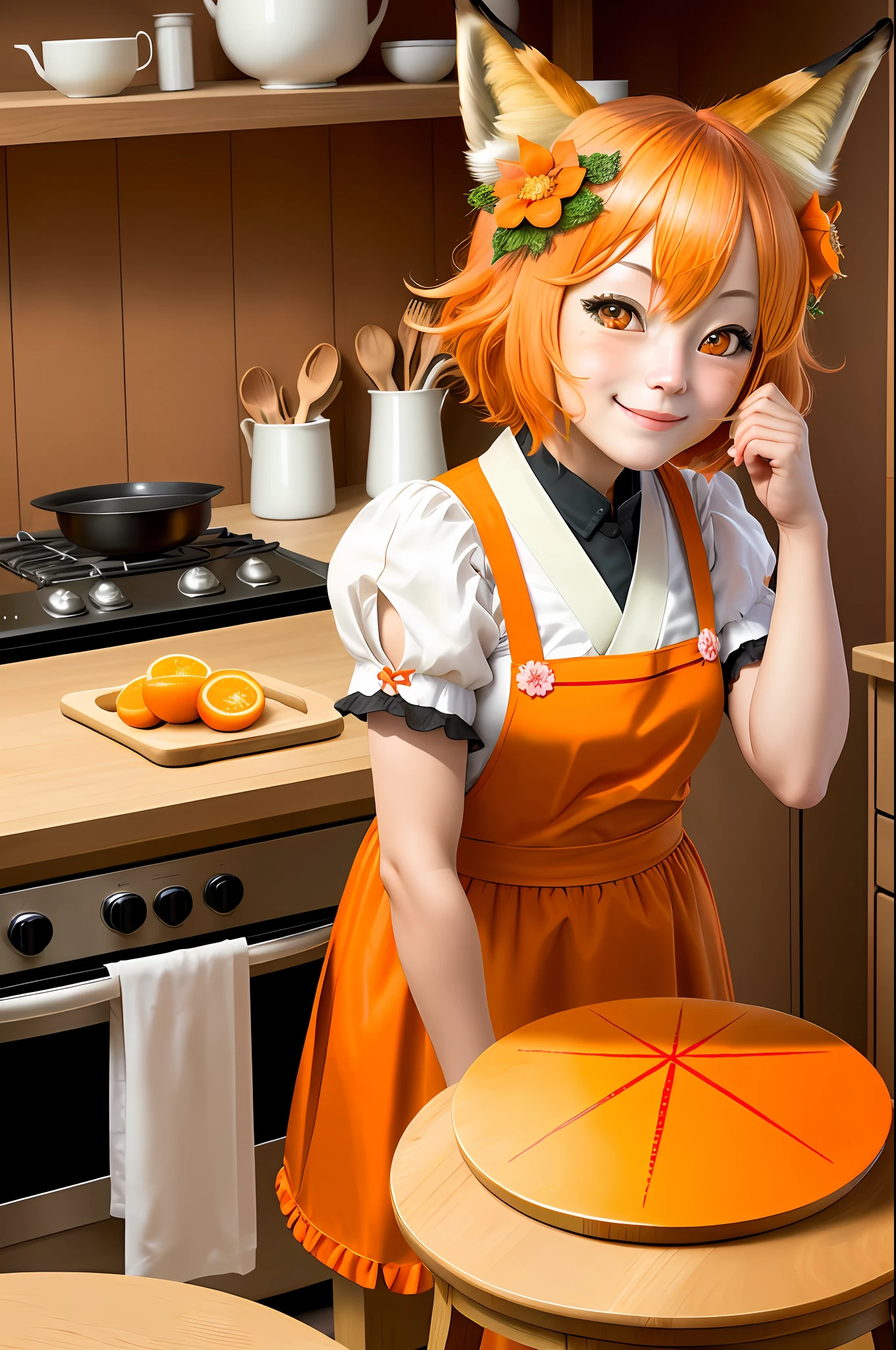 high detail, (photorealistic), realistic, masterpiece, best quality, ((portrait of Senko-san's face The helpful fox )), Senko-sancroptop, detailed face, detailed eyes, (hair flower), (hair ornament), (orange eyes), (orange hair), (short hair), tail, flat chest, Japanese maid, miko, happy, [smile, [pointed collar], pentagram] in the kitchen cooking on top of a stool.