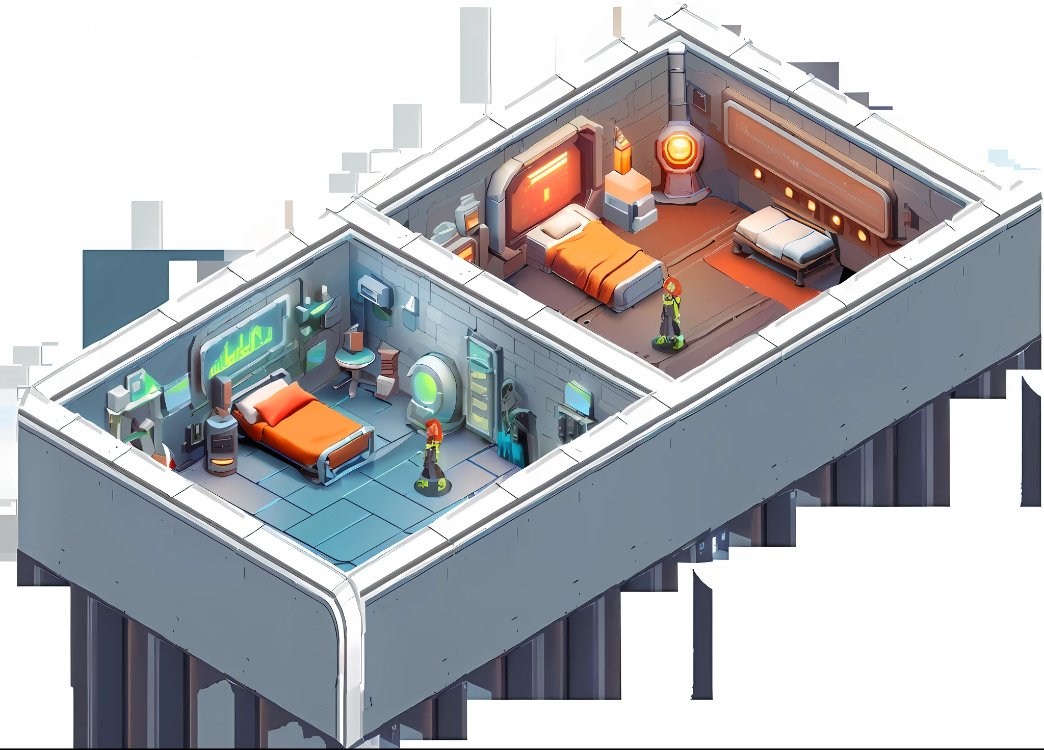 a close up of a room with a bed and a desk, scifi room, isometric game art, rpg maker style bedroom, isometric futuristic game, isometric 2 d game art, cyberpunk apartment, the cyberpunk apartment, cyberpunk childrens bedroom, isometric pixel art, isometric art, isometric pixelart, isometric style, modular game dev art, cyberpunk ager bedroom
