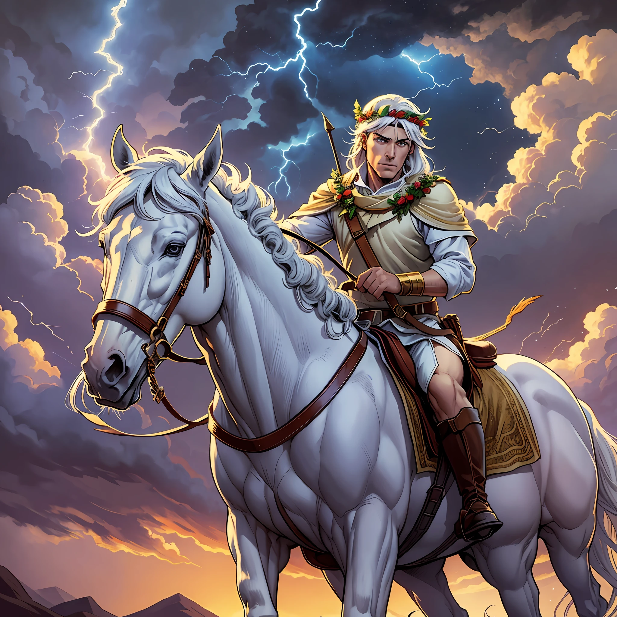 cartoon, a white horse, a male rider with a ((bow in hand:1.15) and one (laurel wreath on head:1.14)), cartoon style movie, cartoon, by Ron Walotsky, cartoon of the 90s, strong shadows, sky with dark clouds and war scene, lightning and thunder, fire, dirt road at dusk, gradient sky, grotesque, gloomy,  Scary, dark fantasy, mysterious atmosphere. --s2