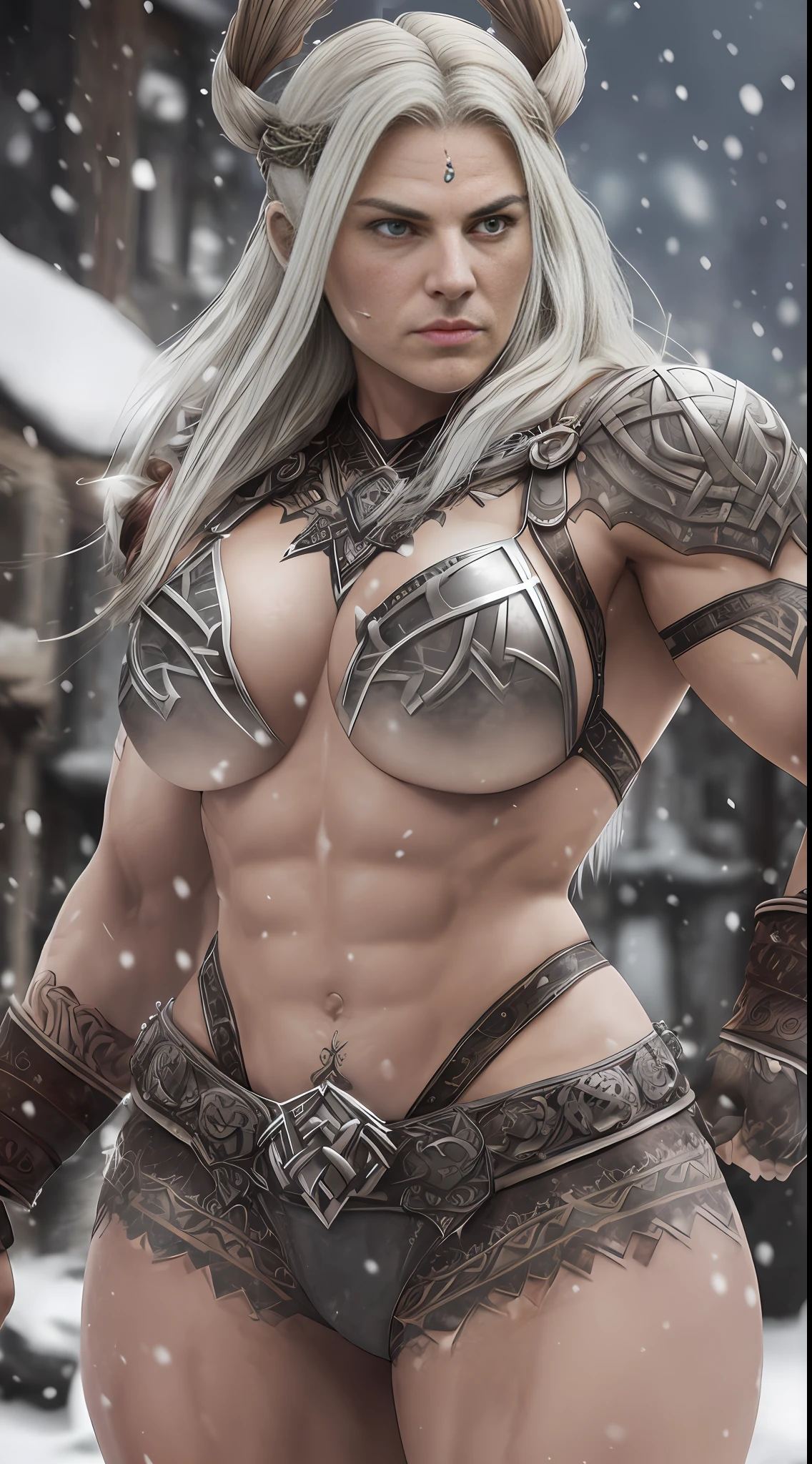 (muscular,superstrong woman viking ), Viking suit, viking tattoos, a background village, falling snow, ultra-realistic 3D rendering with Octane Render, (dramatic and vivid lighting),(stunning 8k resolution, crystal clear),precise texture details. --auto --s2