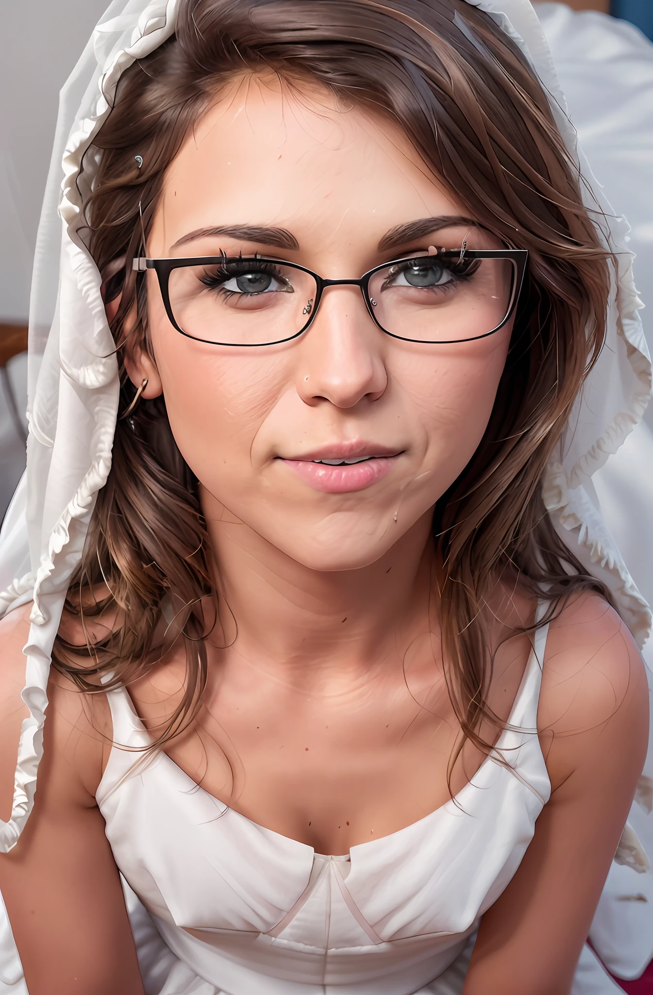 Step-by-step, eye focus, highest quality, High detail RAW color photo, full body, of (Lauren Boebert wearing glasses), (clothed:1.2), ((wearing sexy ripped wedding dress:1.2)), ((kneeling and begging)), (inside bedroom), cleavage, big ass, (wrinkles around eyes), (detailed skin, supple skin pores), [goosebumps], [rough skin], [beauty marks], shallow depth of field, natural lighting, diffused soft light, (side lighting:0.3), [film grain], photographed on a Canon EOS 5D, 105mm macro lens, F/8 aperture, fashion photography award-winner