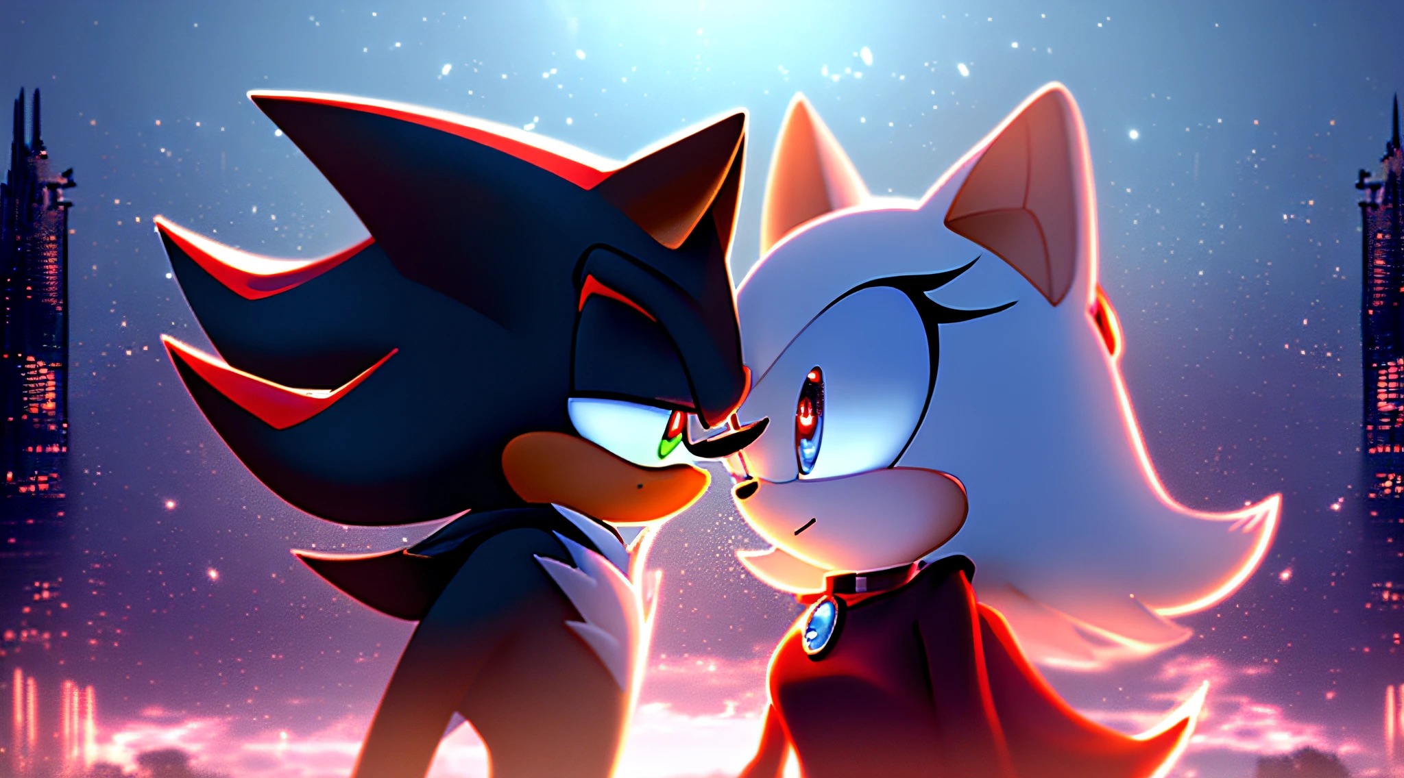 (masterpiece, best quality, ultra-detailed CG unity 8k wallpaper), best illumination, romantic moment, Shadow the Hedgehog, Rouge the Bat, floating, dark aesthetic, high saturation, dynamic pose, intimate, black and red clothing, shining eyes, mystery, deep shadows, atmospheric, intense emotion, cinematic framing.