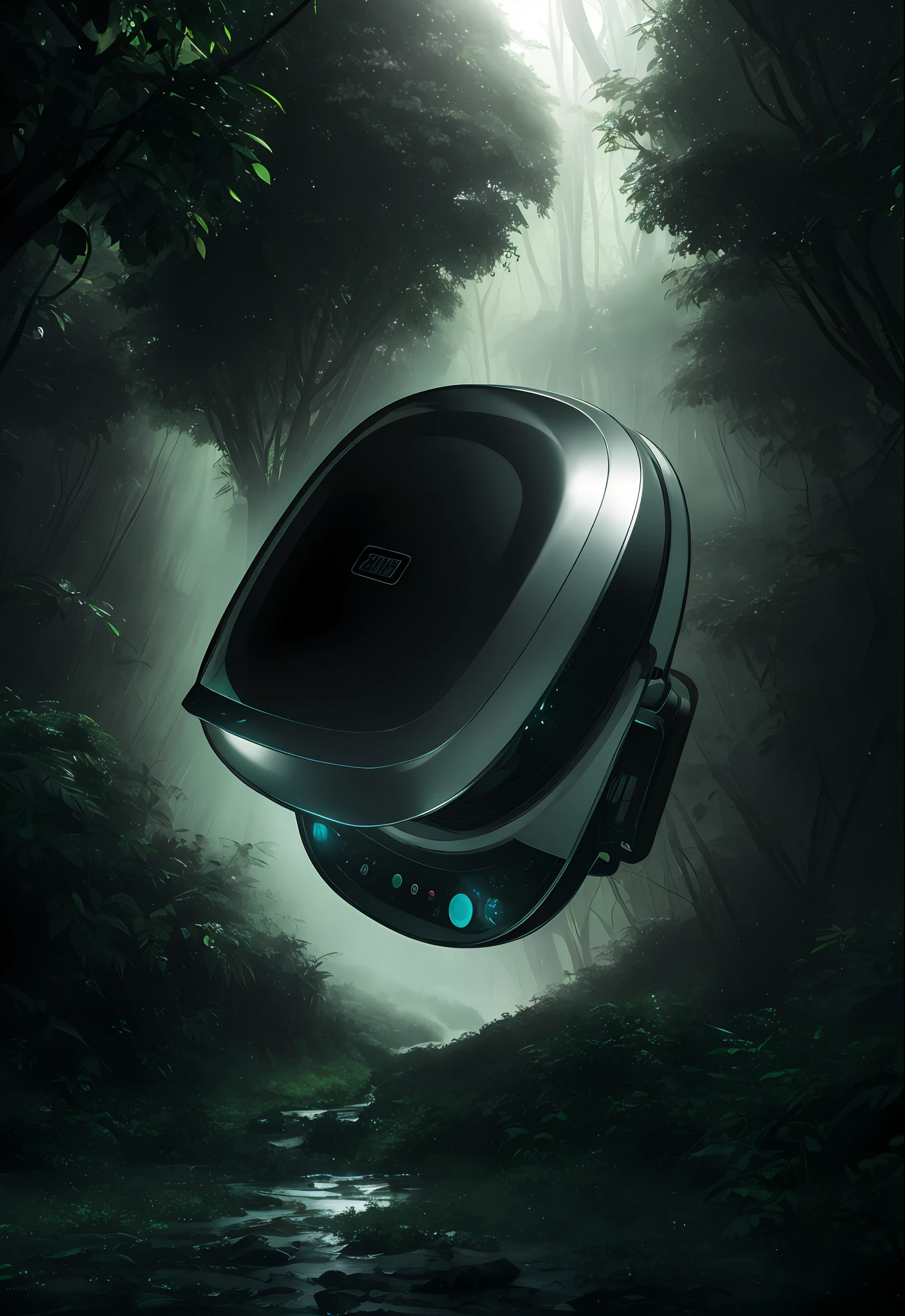 A green electric pie pan, jungle, heavy rainfall, monochrome, vines everywhere, huge and damp trees, masterpiece, best quality, high quality, very detailed CG uniform 8k wallpaper, oil painting, award-winning photography, bokeh, depth of field, HDR, bloom, chromatic aberration, realism, very detailed, trends on artstation, trends on CGsociety, intricacies, high detail, drama, midjourney art, volumetric lighting