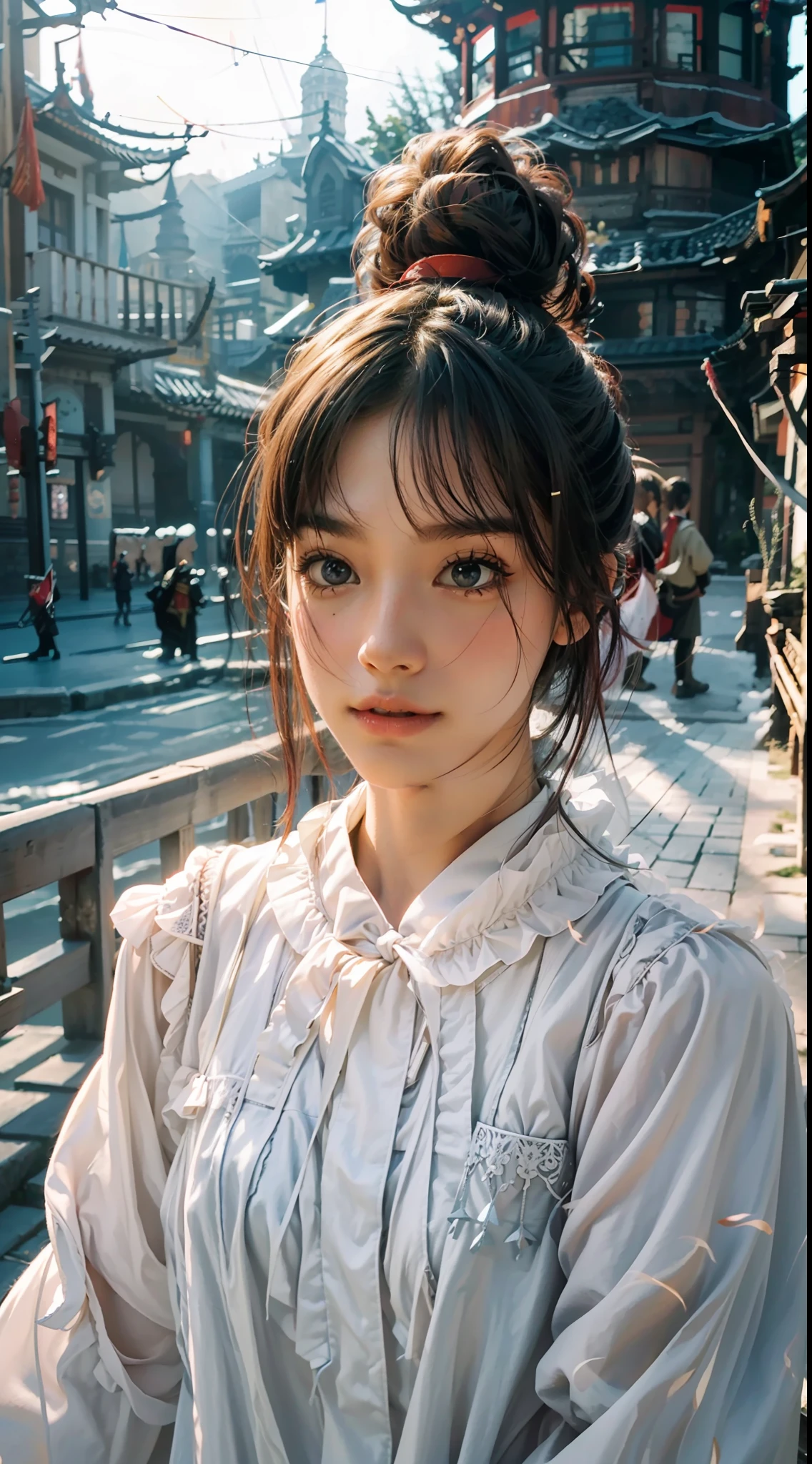 Best Picture Quality, Masterpiece Level, Ultra High Resolution, Realism, Fantasy Theme, Weapons, Facial Details, A Girl, Single, Bun, Fairy Tale Theme, Upper Body, Chinese Architecture, Flame, Get Detailed Outdoor Lighting and Movie Lighting, Increase Detailed Overall Ambient Light, Face and Eye Details, Improve Body Detail Realism, Clear Sharp Focus, Expressionless, White Clothes, Burgundy Hair, Bright Eyes, Simple Background, Sword.