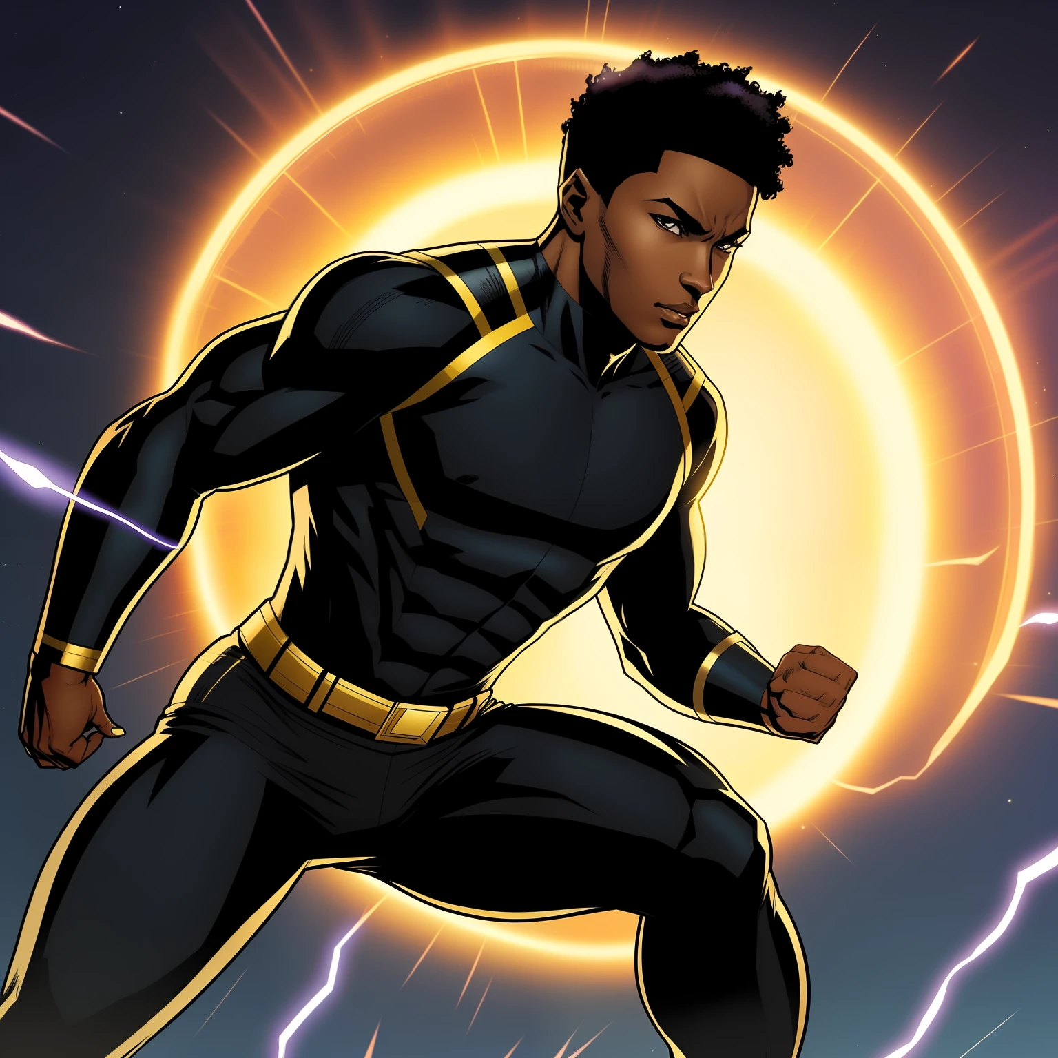 Create a comic book character who is in his late 20s, black man, short hair, 6 feet 2 inches tall, 190 lbs, toned, with powers to travel through time, telekinesis, telepathy