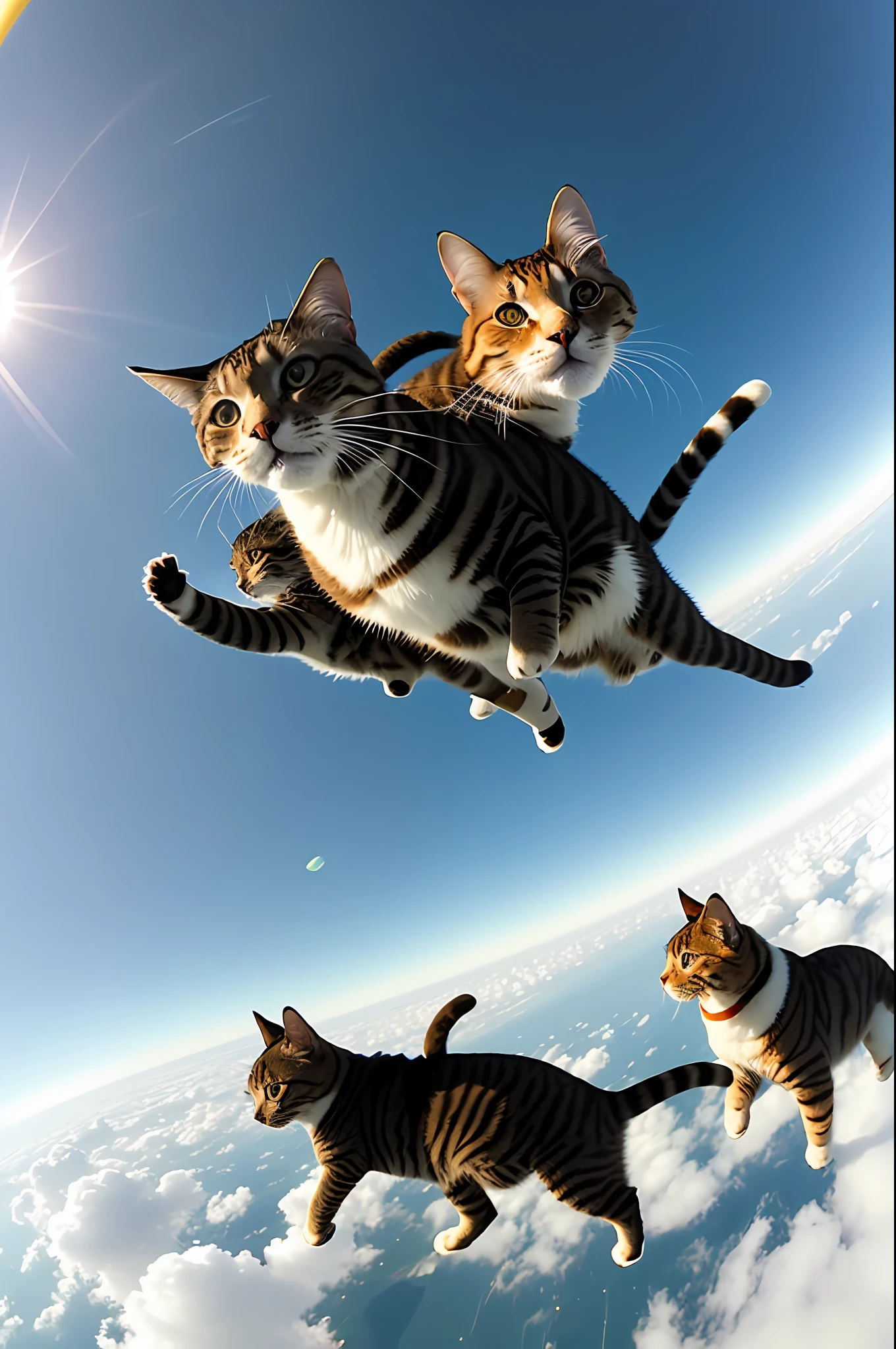 gopro footage of a group of badass cat skydiving, look at a camera, soft volumetric lights,