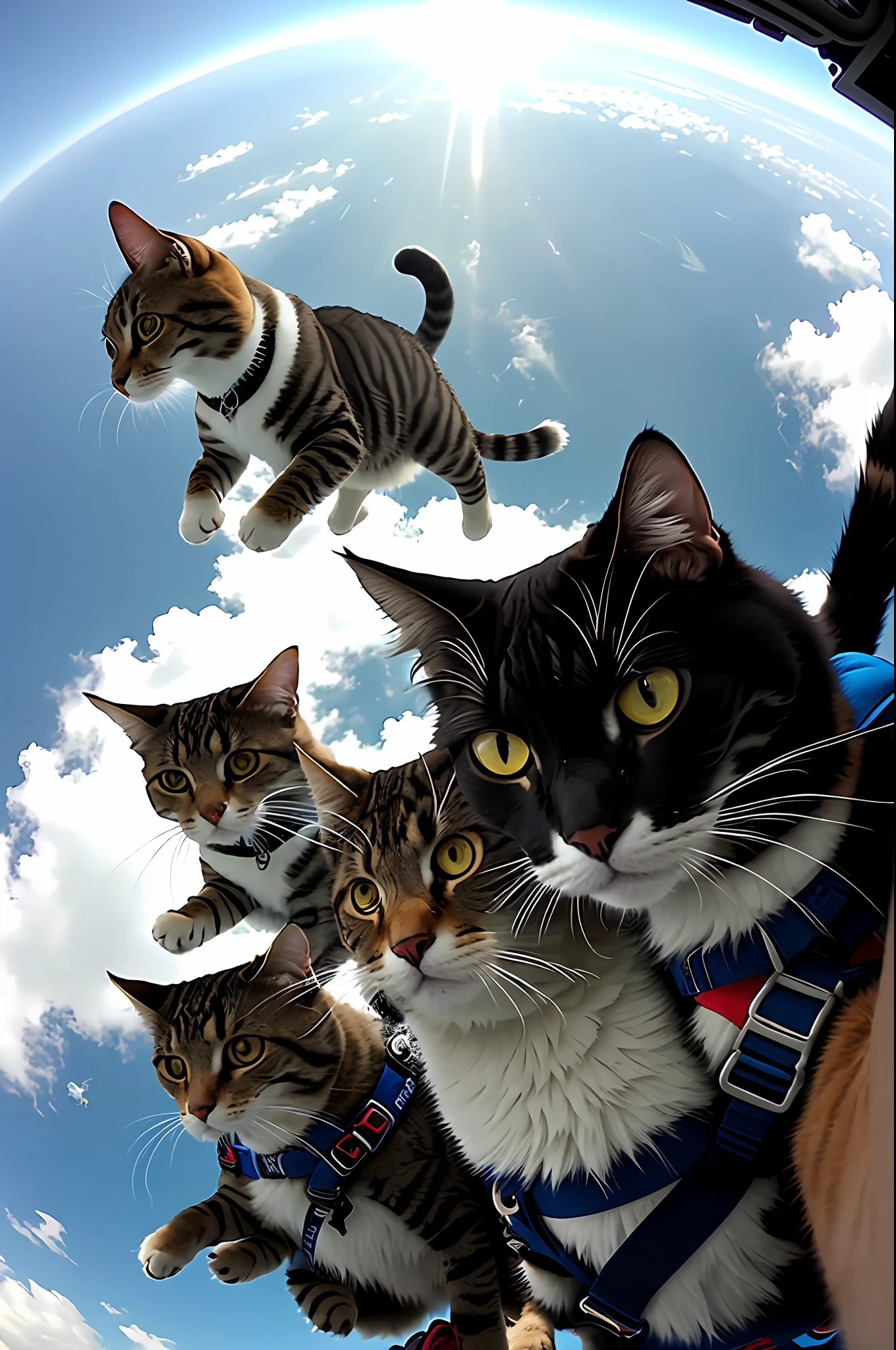 gopro footage of a group of badass cat skydiving, look at a camera, soft volumetric lights,