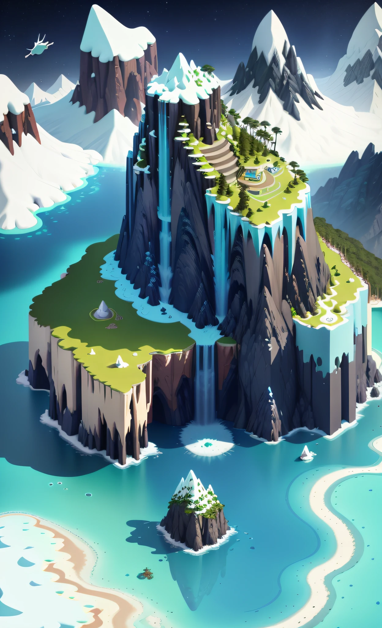 Game Map, (Game Concept Art Design: 1.1), Isometric Art, (Cartoon Hand Drawn Style: 1.2), Simple Geometry, (Color: 0.6), Detail, Flat Game Art, 3D, Low Grid, Top-down, Plat, (Bush,:1.2), (Night:1.3), (Interiors: 1.3), Walls, Stone Pillars, Middle Flats, Icebergs, Snowy Mountains, Ocean, Rainforest, Coconut Palms, Shrubs, Meadows, Game Engine Rendering, Ultra high quality rendering, clear lines, geometry, masterpiece, best quality, official art, C4D, extremely detailed CGunity 8K wallpaper, very detailed, illustration, Unreal Engine, artstation, Unreal 5, daz, surrealism, octane rendering, high quality shadows,