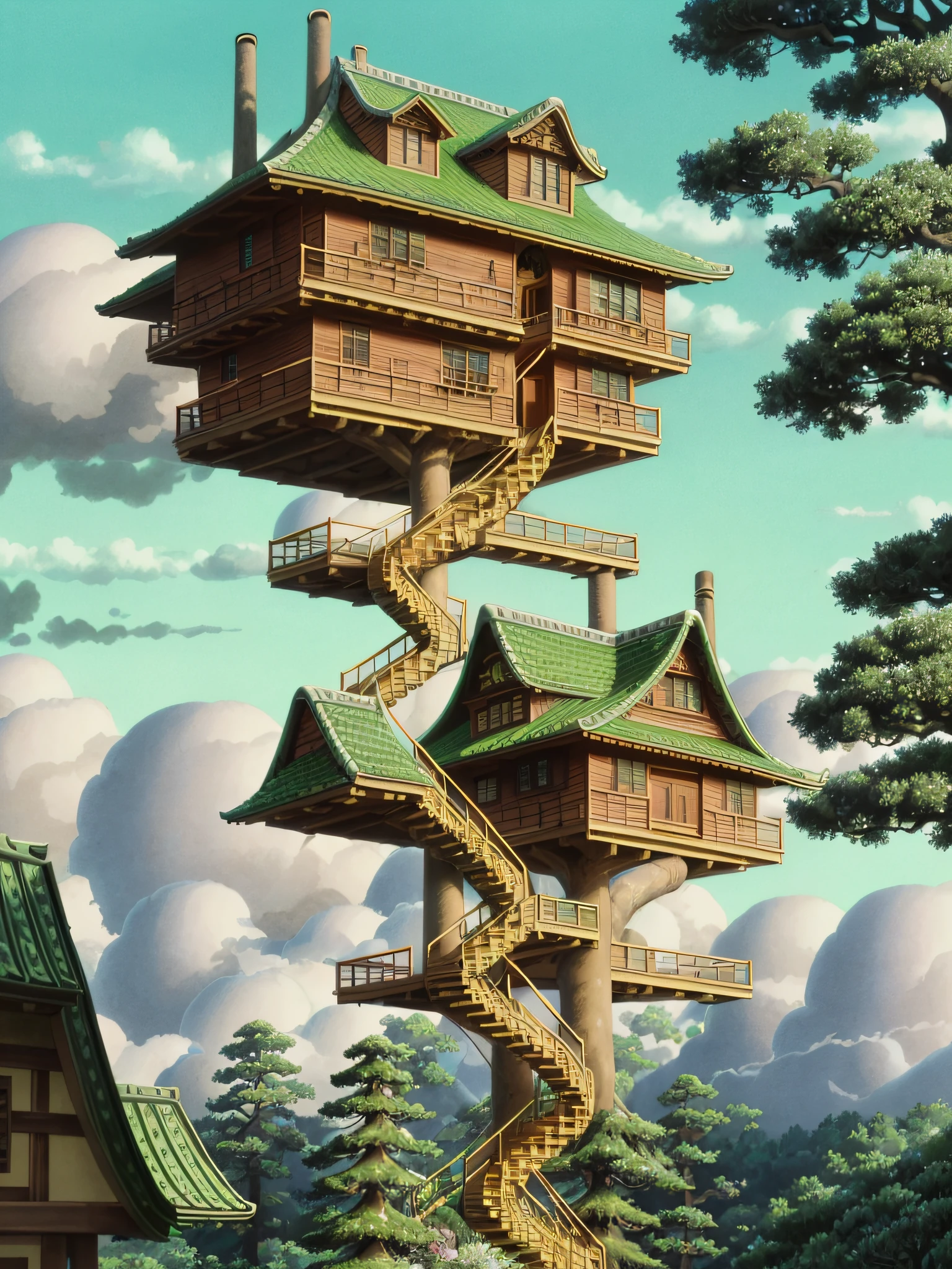 there is a tree house with a staircase and a tree in the middle, bonsai tree house, tree house, highly detailed illustration, tree town, treehouse, intricate detailed illustration, surreal + highly detailed, cyberpunk tree house, highly detailed digital artwork, best of behance, very detailed illustration, high detailed illustration, floral jungle treehouse, detailed intricate illustration, intricate 3 d illustration