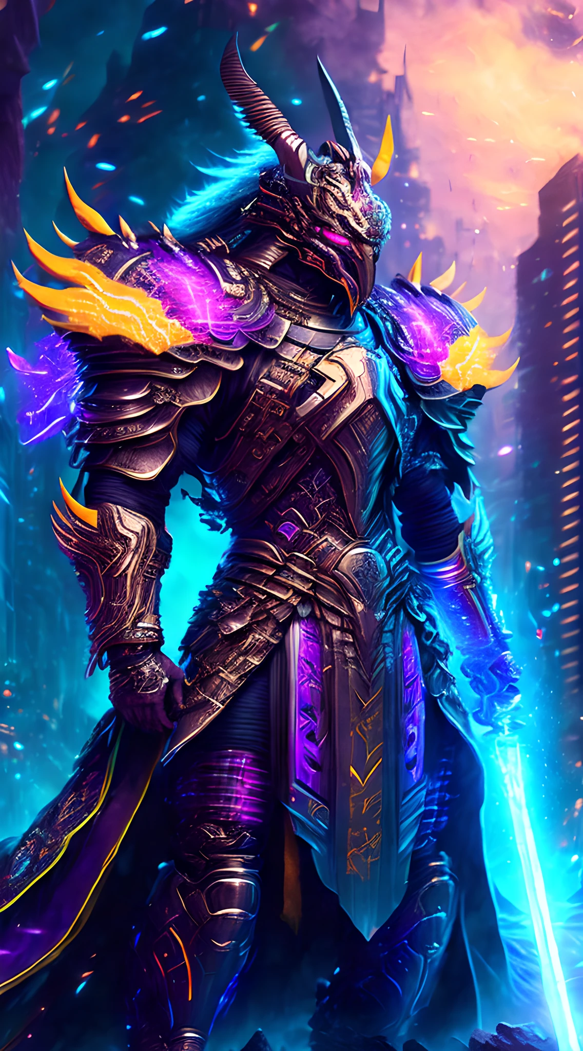 ((Best quality)), ((masterpiece)), (detailed),A futuristic cyborg samurai, adorned with bioluminescent nanotech armor, wielding a katana infused with ancient runes, engaged in a gravity-defying duel against a colossal mechanical dragon amidst a neon-lit megacity, with holographic skyscrapers and cascading streams of binary code