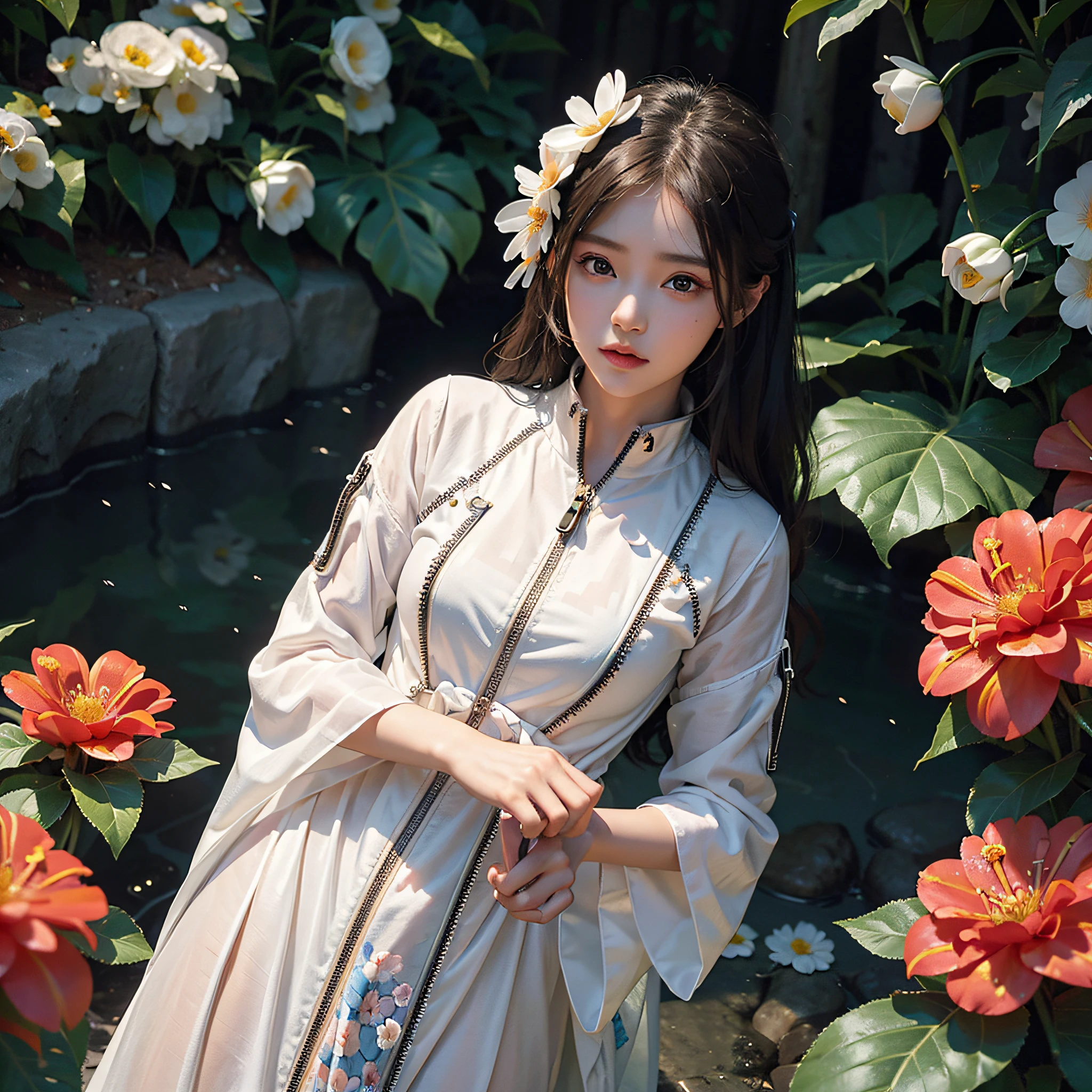 8k, ultra detailed 8k cg, (masterpiece, sidelighting, finely detailed beautiful eyes: 1.2), hdr, 1girl,perfect body,night, mist, looking at viewer , colorful hanfu,tangh style, plastic raincoat:1.3), (zipper:1.5), armband,japanese symbol, Translucent material, gears, tanghulu, bubbles, water balls, water drop, (flower:1.6)